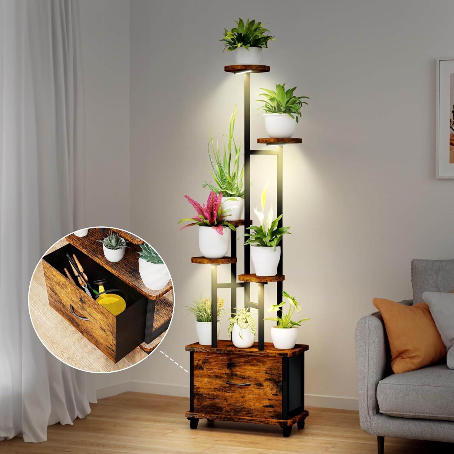 Plant Stand with Grow Lights-6 Tiered Plant Shelf Indoor, 62" Plant Stand for Indoor Plants with Wheels, Multiple Metal Plant Flower Holder with Storage Drawers, Ideal for Home Patio Décor