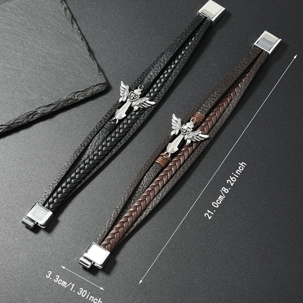 Men's Cross Bracelet Vintage Winged Cross with Shield Christian Religious Faith Wristband Multi-Layer Braided Stainless Steel Leather Cuff Bangle with Clasp