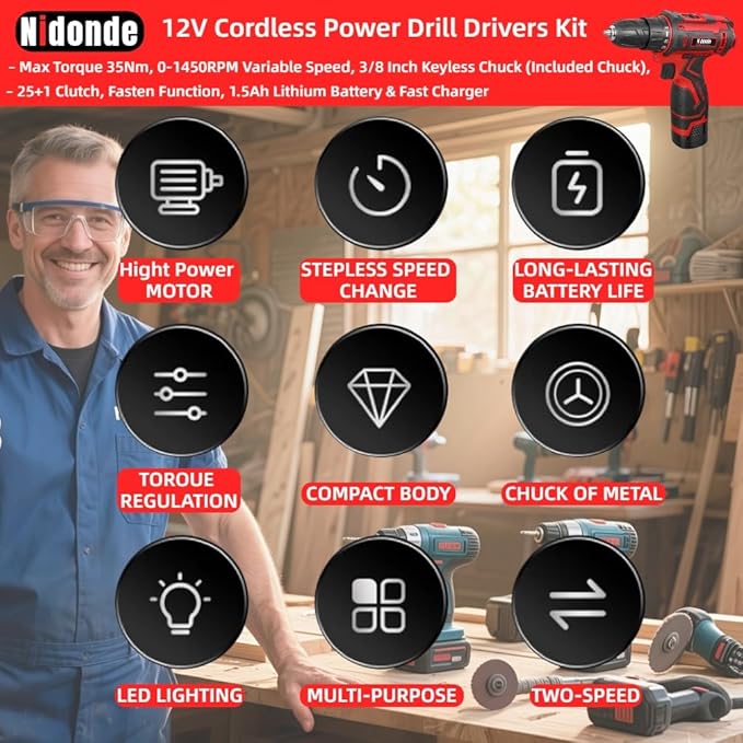 Taladro Atornillador Inalámbrico Nidonde 12V con 2 Baterías y Luz LED miniatura 9