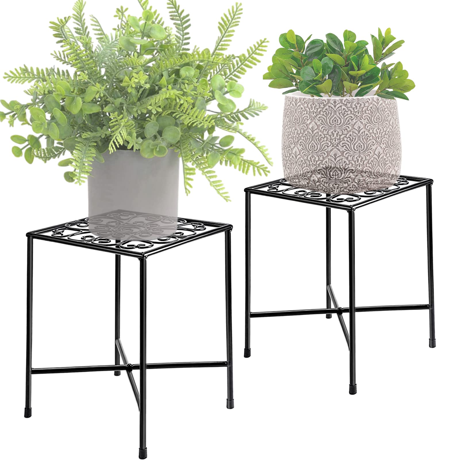 2Pcs Metal Plant Stand, Elegantly Designed Art Iron Flower Stand for Decor Plant Corner, Durable Rust-Resistant Black Modern Plant Stand for Home Garden Display Greenery - Easy Assembly