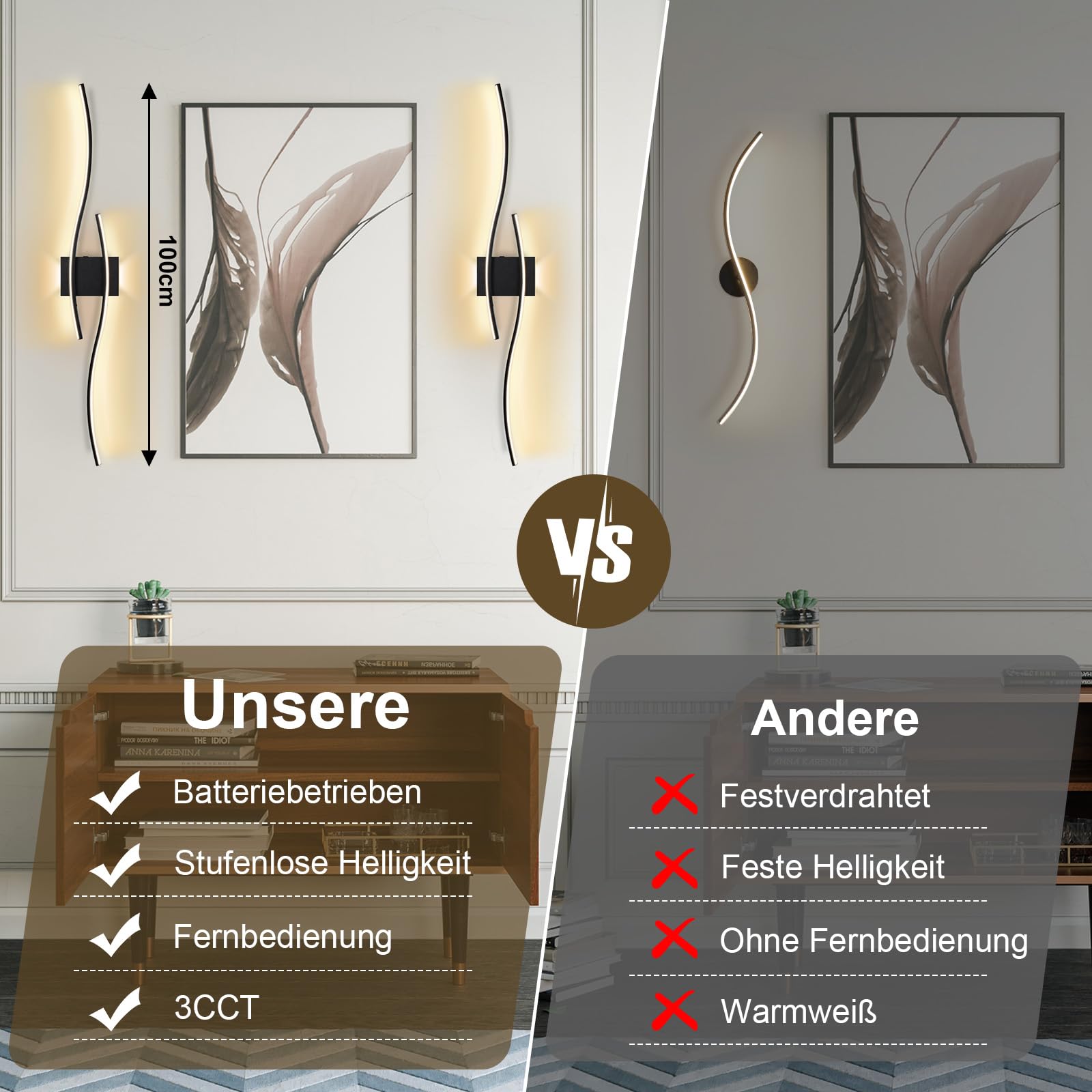 LED Wandleuchte Innen,Akku Wandlampe Innen mit Fernbedienung Modern Wandlicht mit Dimmbar&Timing-Funktionen Kabellose Wandleuchte für Wohnzimmer Schlafzimmer Flur Treppen,2 Stück, 100CM