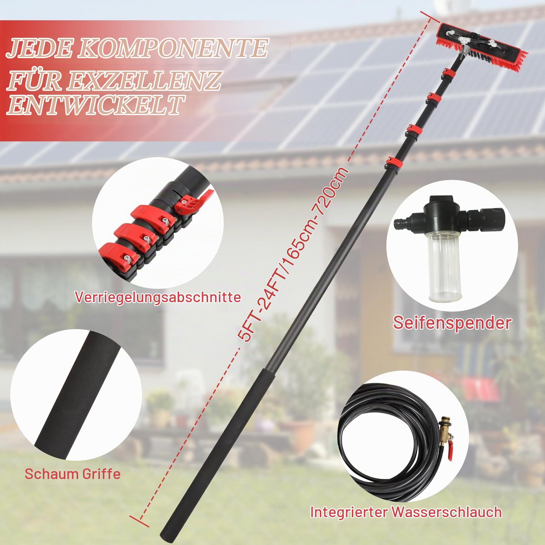 7,2 m Teleskop Waschbürste, Einstellbarer Winkel, Seifenspender | Reinigungsbürste, Wasseranschluss, schonend, PV-Reiniger, langlebig, robust, wetterfest, für Solaranlagen Autos Haus Fenster