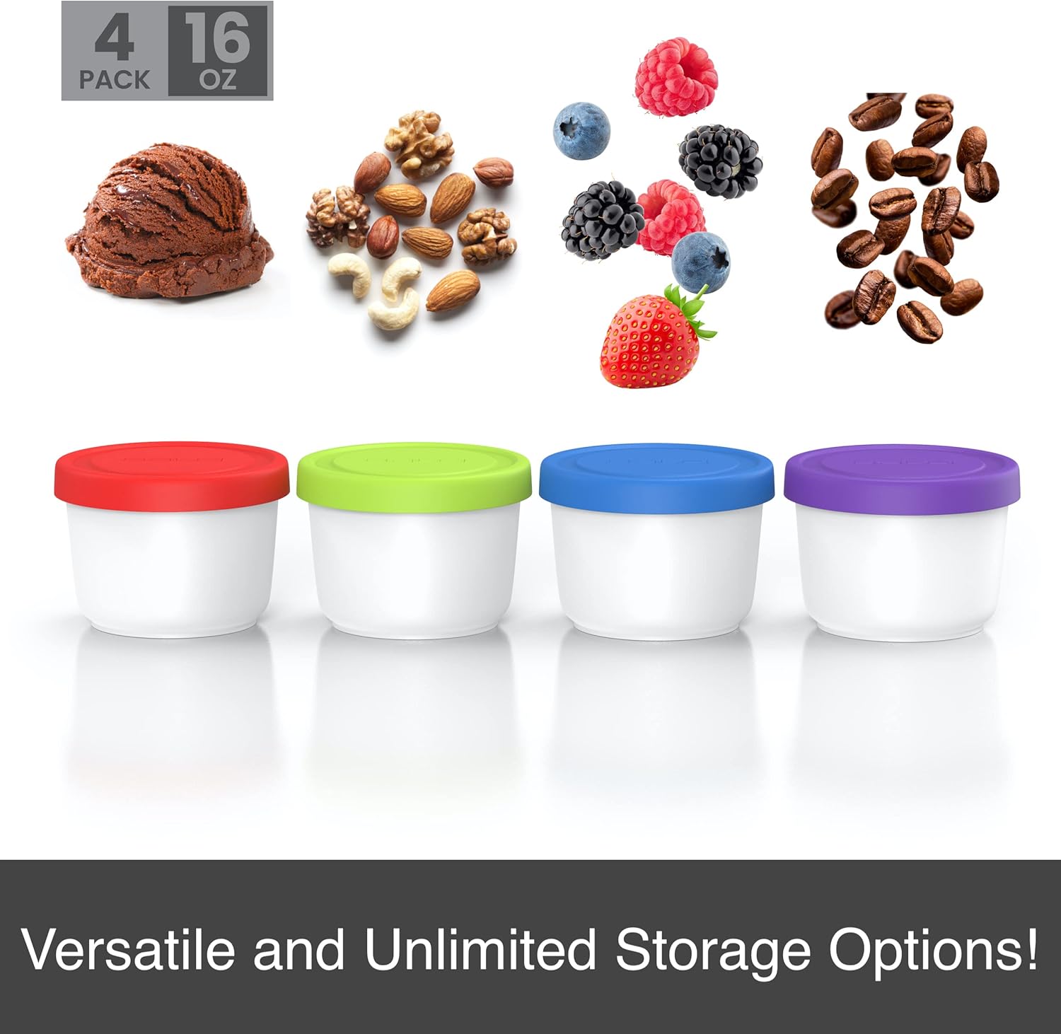 BALCI - 16oz Ice Cream Containers with Silicone Lids (Set of 4) - 1 Pint Each Freezer Food Storage Containers, Reusable, LeakProof, For Homemade IceCream Containers - Blue, Red, Green, Purple - Image 2