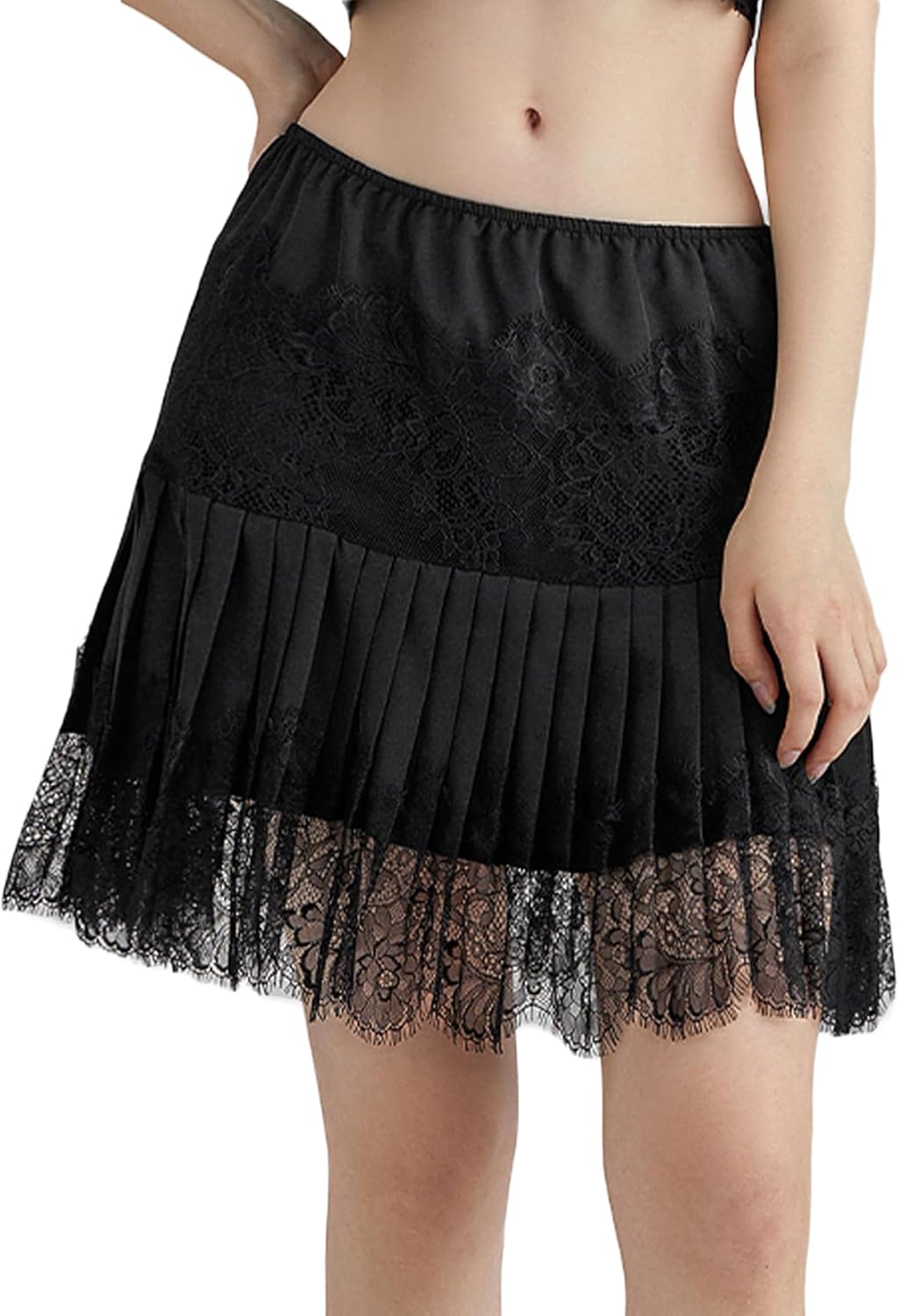 Amuver Women Y2k Lace Mini Skirt Pleated Flowy Half Slip Short Skirts Ruffled Layered Shirt Extender Underskirt