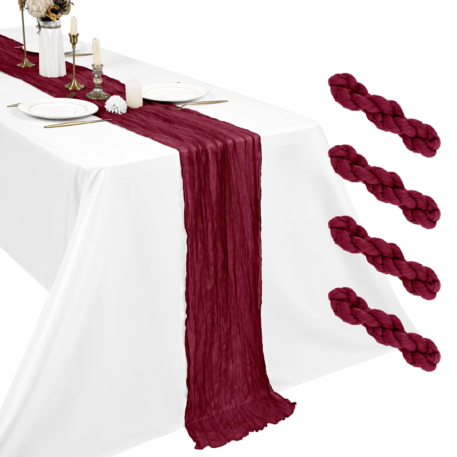 4 Pack Burgundy Cheesecloth Table Runner, 17.7 x 108 inch Boho Gauze Table Runner 45x275 cm Rustic Romantic Long Table Runner for Wedding Party Bridal Shower Christmas Decoration