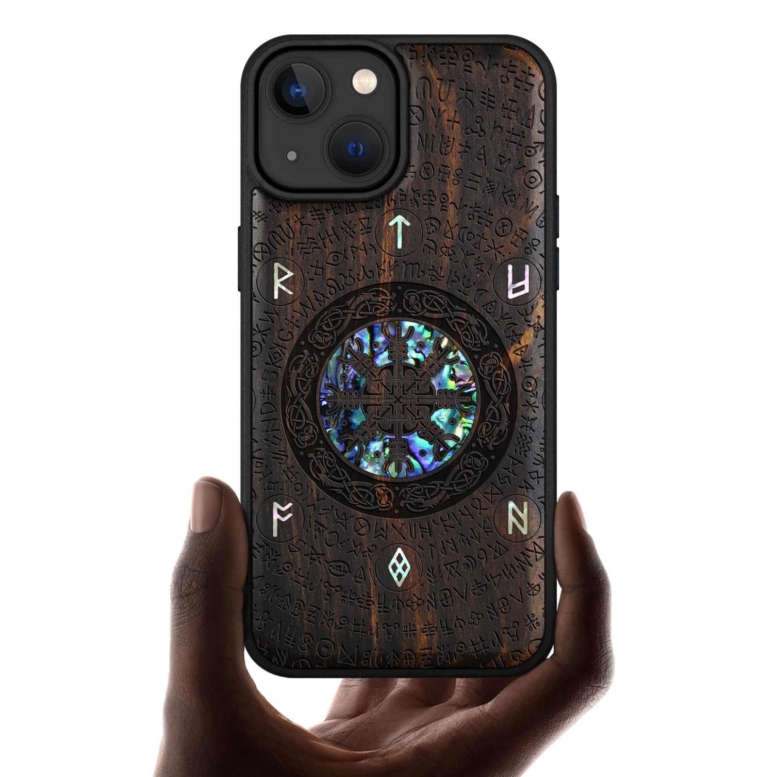 Carveit Designer Wooden Protective Case for iPhone 15 Magnetic Case Cover [Wood Engraving & Shell Inlay] Compatible with iPhone 15 MagSafe Case (Viking-Blackwood)
