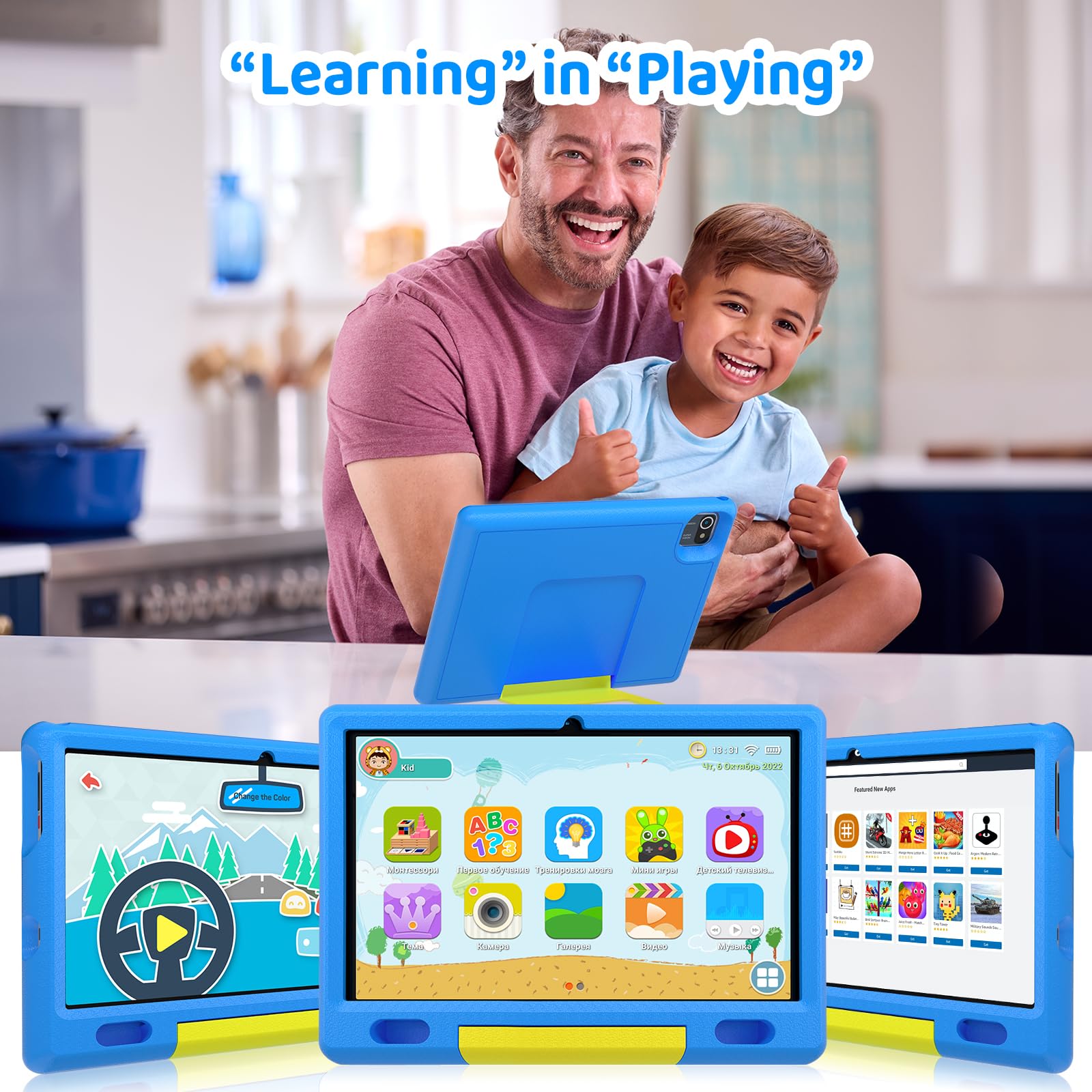 Wqplo Tablette pour Enfants 10 Pouces Android 13 64 Go 5000mAh Bluetooth IPS HD 1280 * 800 Affichage Google Services Contrôle Parental (Bleu)
