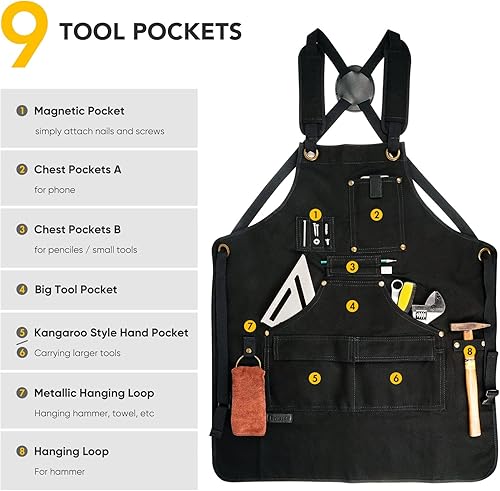 Miniatura 9 de Delantales de carpintería para hombres, delantal de herramientas de lona encerada, con 9 bolsillos para herramientas, delantal de tienda para