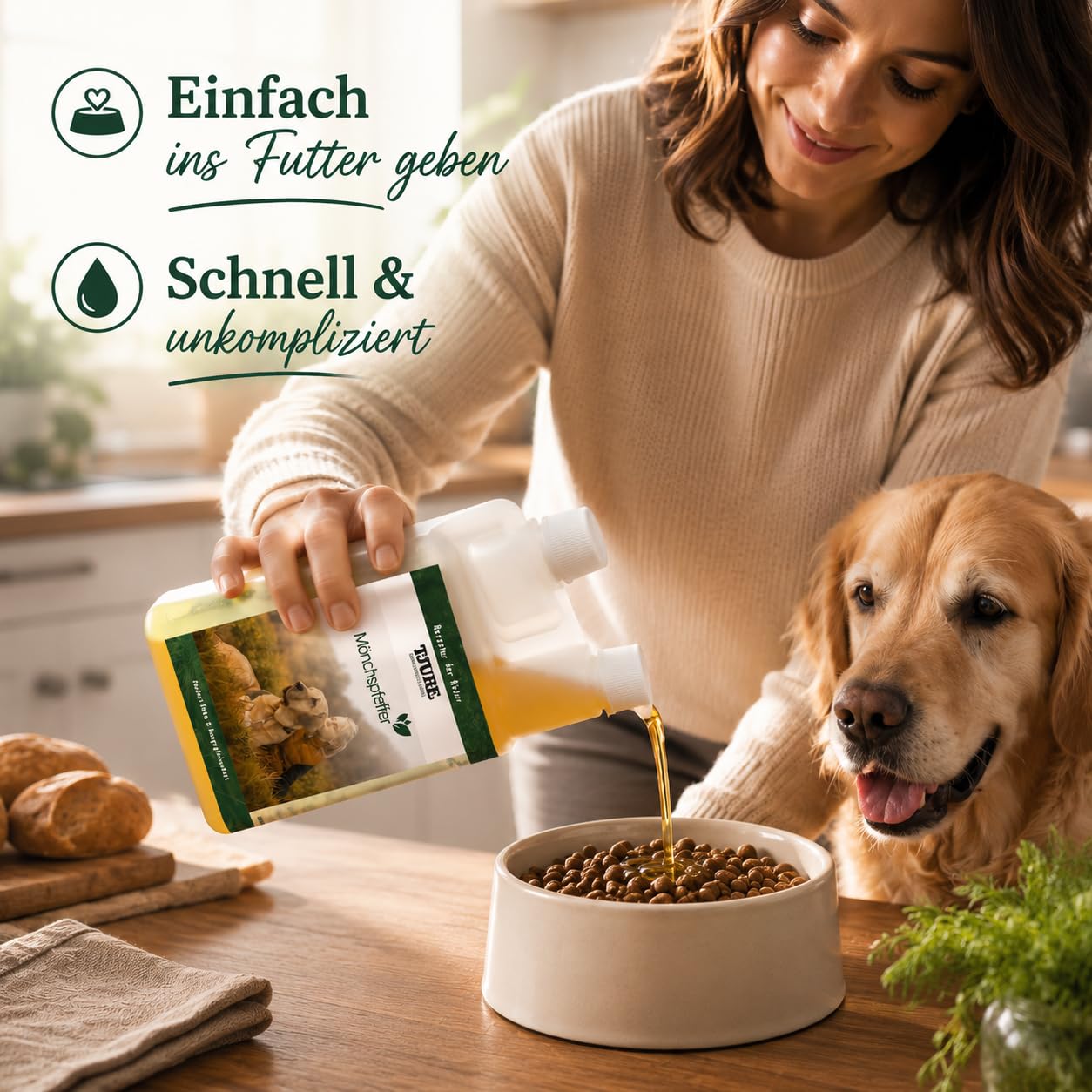 TJURE Mönchspfeffer Liquid für Hunde | 500 ml | Ergänzungsfuttermittel für Hunde mit Mönchspfeffer | Pflanzliche Rezeptur zur Unterstützung in besonderen Phasen | Made in Germany