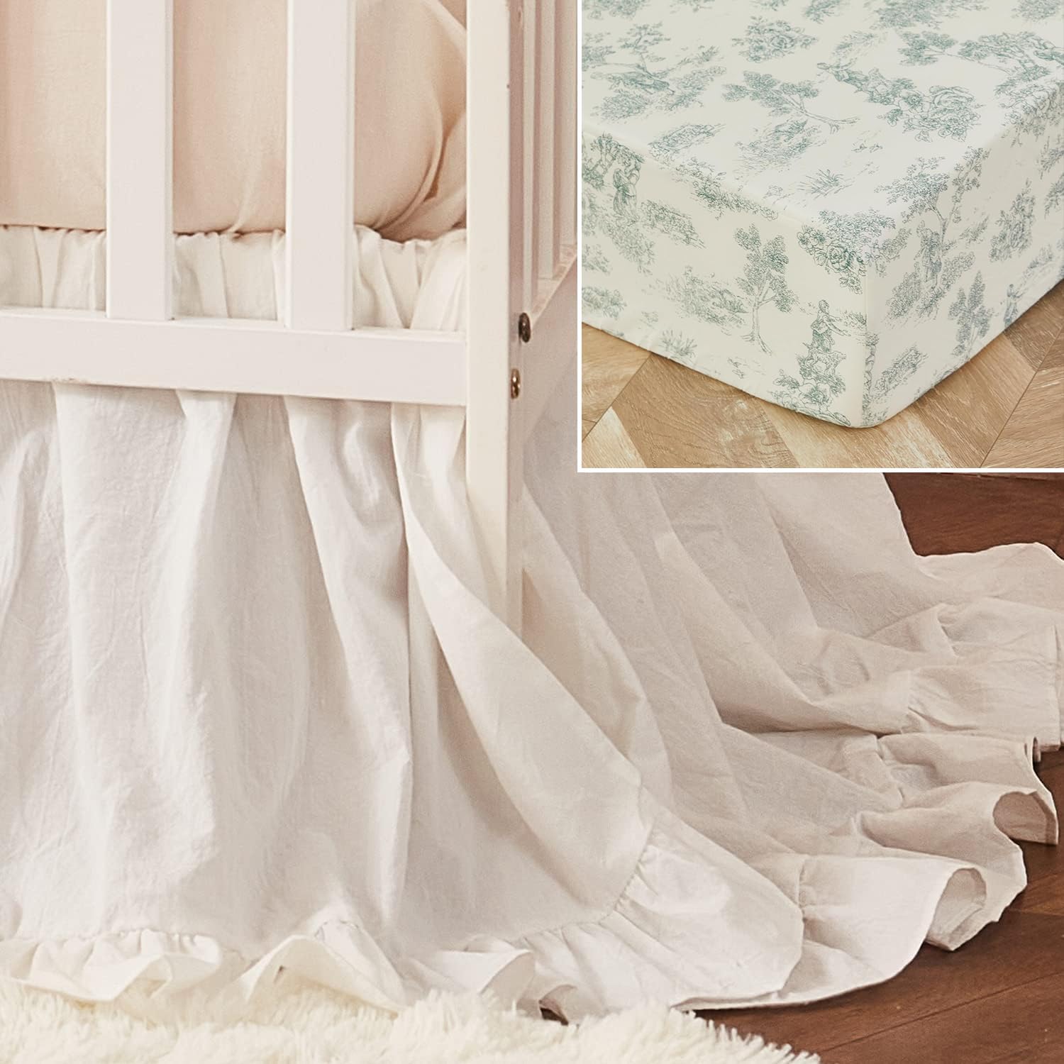 Brandream Crib Sheet & Crib Bed Skirt Dust Ruffle Toile French Country Chic 100% Cotton Baby Nursery Bedding Set