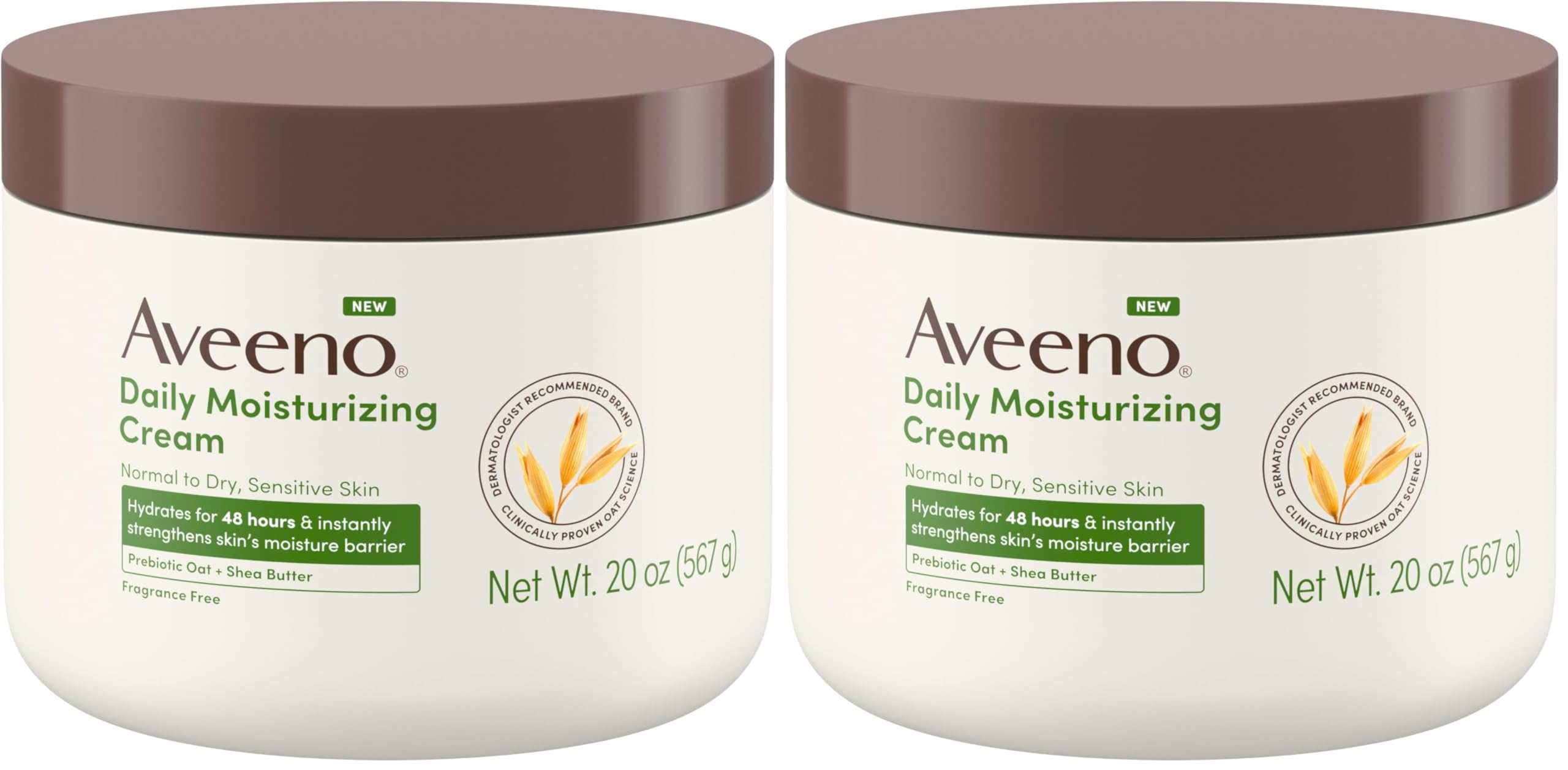 Aveeno Daily Moisturizing Cream with Prebiotic Oat & Shea Butter for Body,Face & Hands Moisturizer Cream,Hydrates Normal to Dry,Sensitive Skin,Fragrance Free,Non-Comedogenic,20 oz,(Pack of 2)