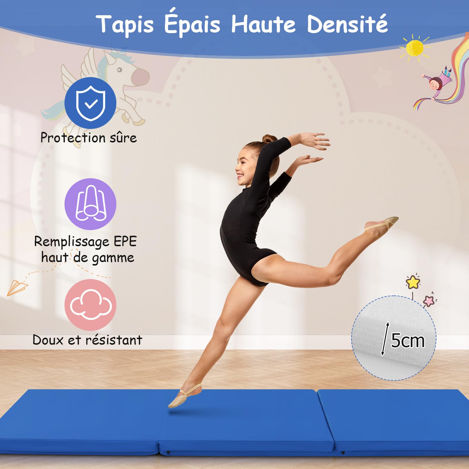 COSTWAY Tapis de Gymnastique Pliable Epais, Matelas d'Entrainement en Mousse et PU avec Poignées, pour Gymnastes Entraînements Sportifs Yoga, 180x60x5CM