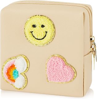 Preppy Patch Period Bag for Teen Aged Girls, Sanitary Napkin Storage Bag, Functional PU Leather Sanitary Pad Bags for Panty Liners, Tampons, Menstrual Cup Pouches , Sanitary Pads Organizer with Zipper
