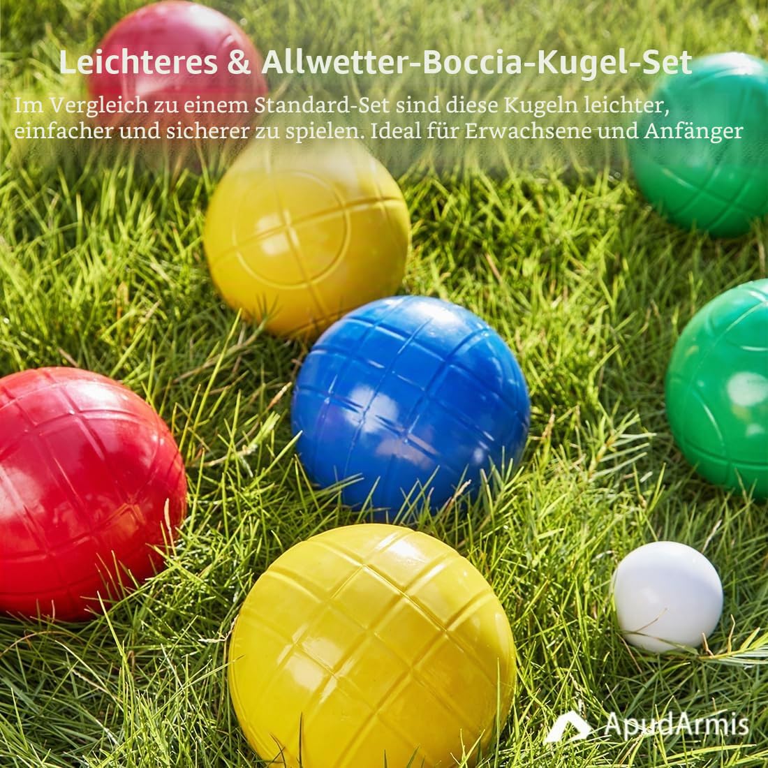 ApudArmis Boccia-Bälle-Set, 90 mm, leichteres Bocciespiel für den Außenbereich, für Hinterhof, Rasen, Strand, Set mit 8 weichen PE-Bällen und 1 Pallino & Nylon-Tragetasche und Maßband für Kinder,