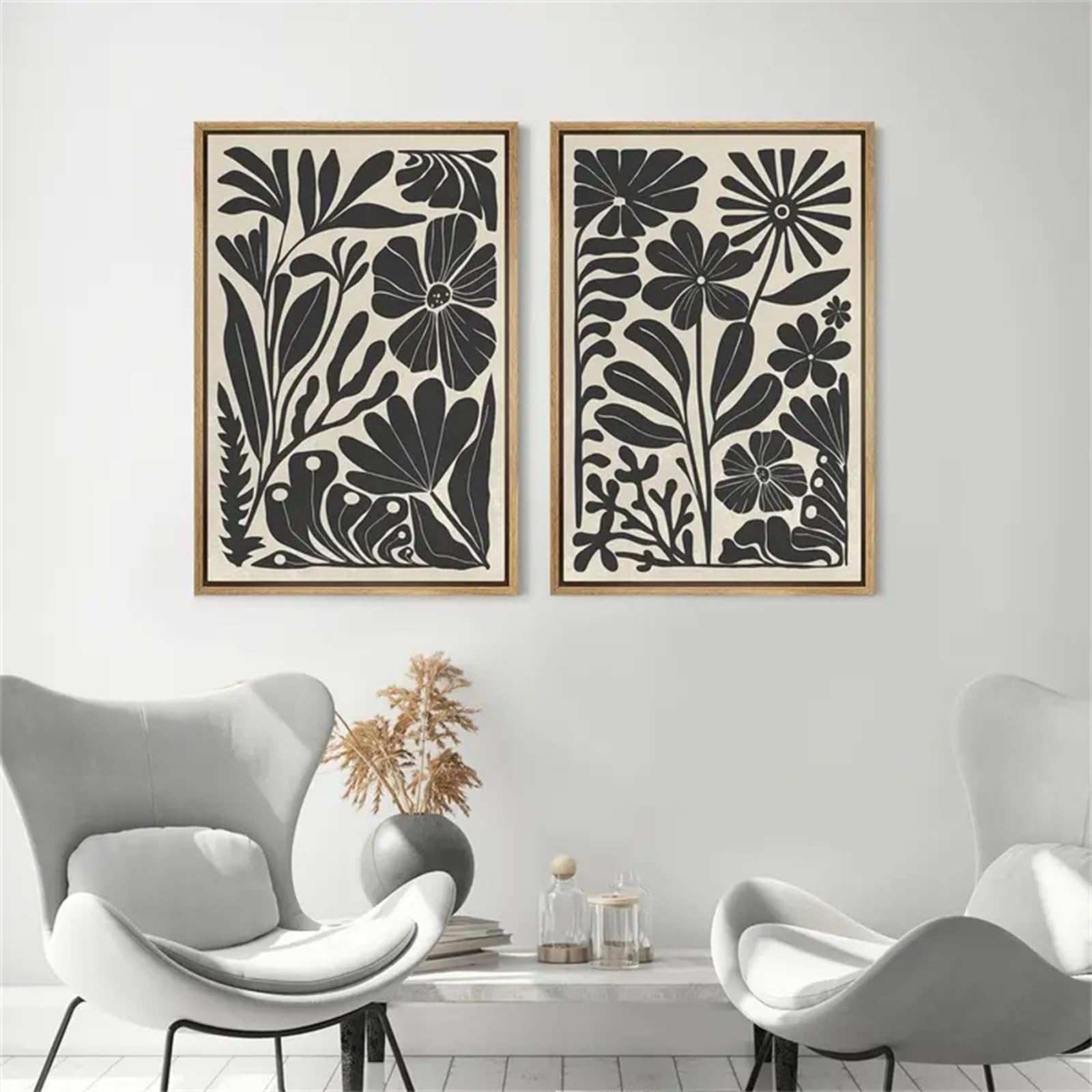 ZBELLO 2 Piece Black Cream Abstract Floral Canvas Posters, Matisse Botanical Line Wall Prints, Unframed Boho Cottage Wall Art for Bedroom Living Room, Unframed (21x30cm)