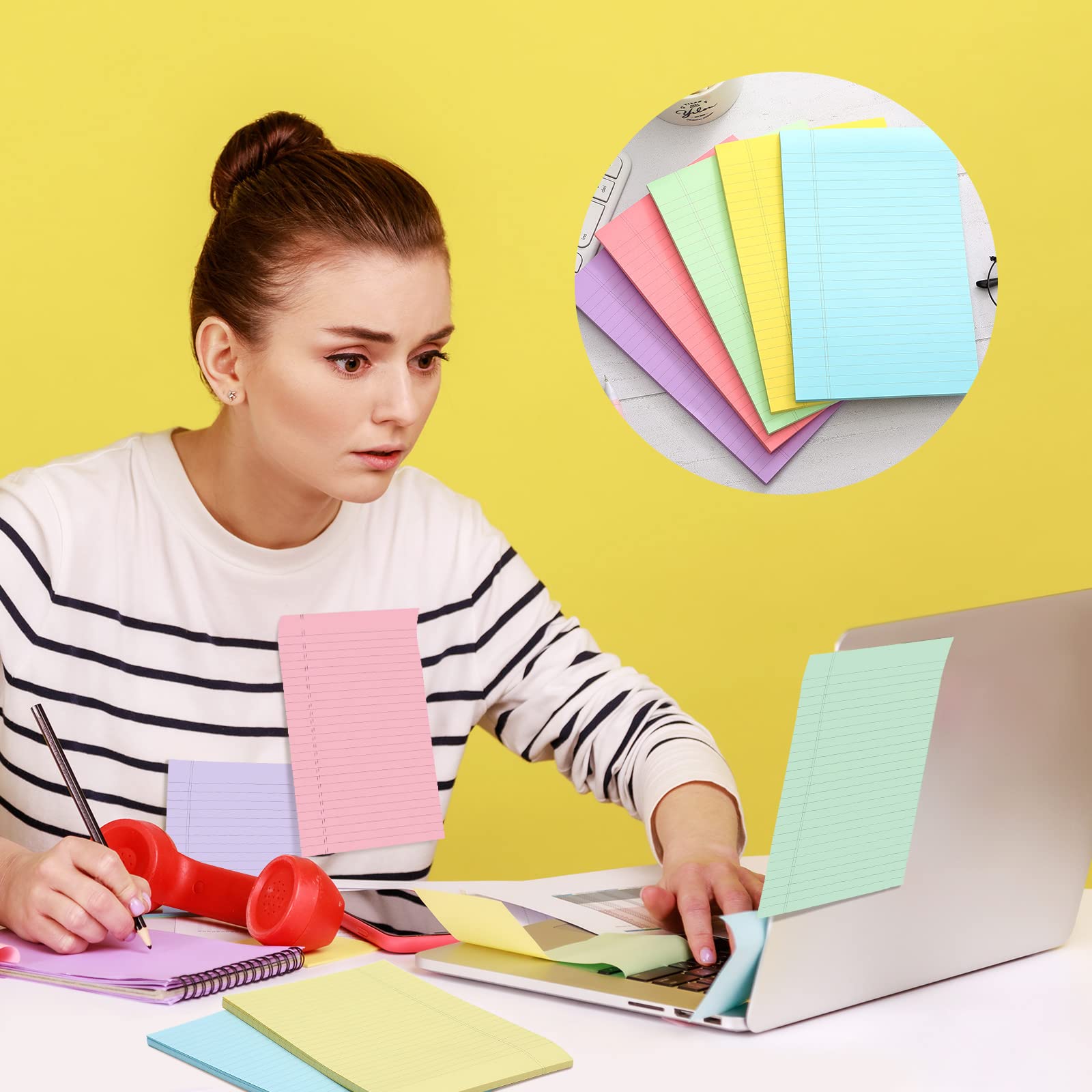 TaoBary Paquete de 10 500 hojas (50/bloc) de notas adhesivas rayadas, bloc de notas grandes de 5 x 8 pulgadas, bloc de notas autoadhesivas coloridas, bloc de notas adhesivas con rayas para escuela,