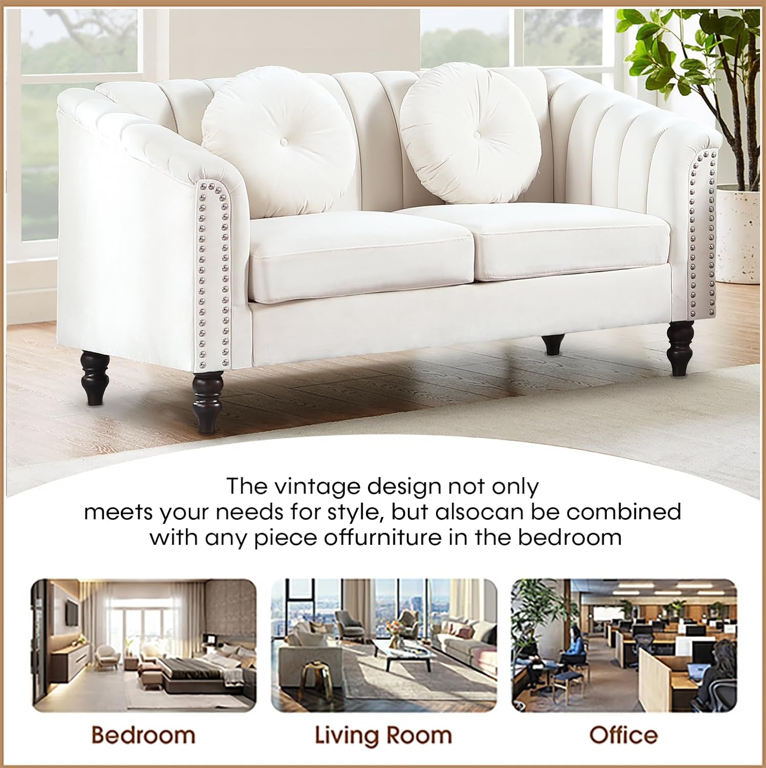 Velvet Sofa Sets Couch Sets for Living Room 62'' Comfy Seat，Modern Loveseat Sofa with Rivets Perfect for Living Room/Apaetment/Bedroom（Beige，Sofa 1-Piece）