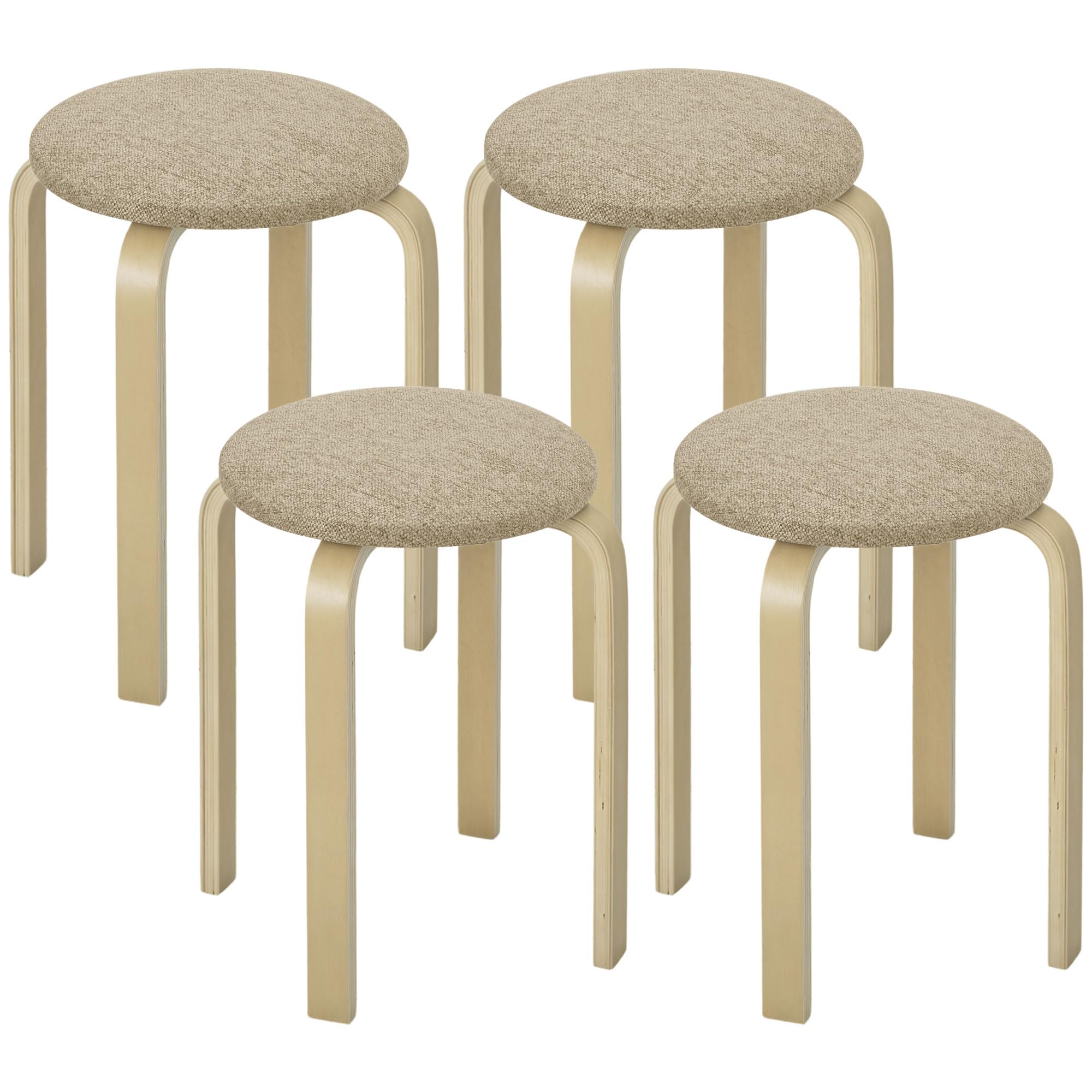 HOMCOM Juego de 4 Taburetes Apilables Redondos Taburetes Bajo de Cocina de Madera con Asiento Acolchado para Comedor Dormitorio Oficina Salón Caqui y Natural
