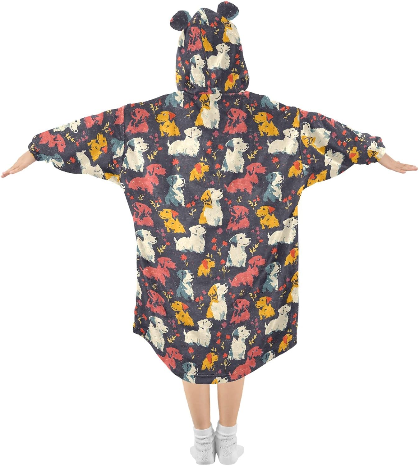 Colorful Dogs with Flowers Pattern Wearable Blankets for Kids, Soft Warm Cozy Blanket Hoodie for Boys Girls with Pocket