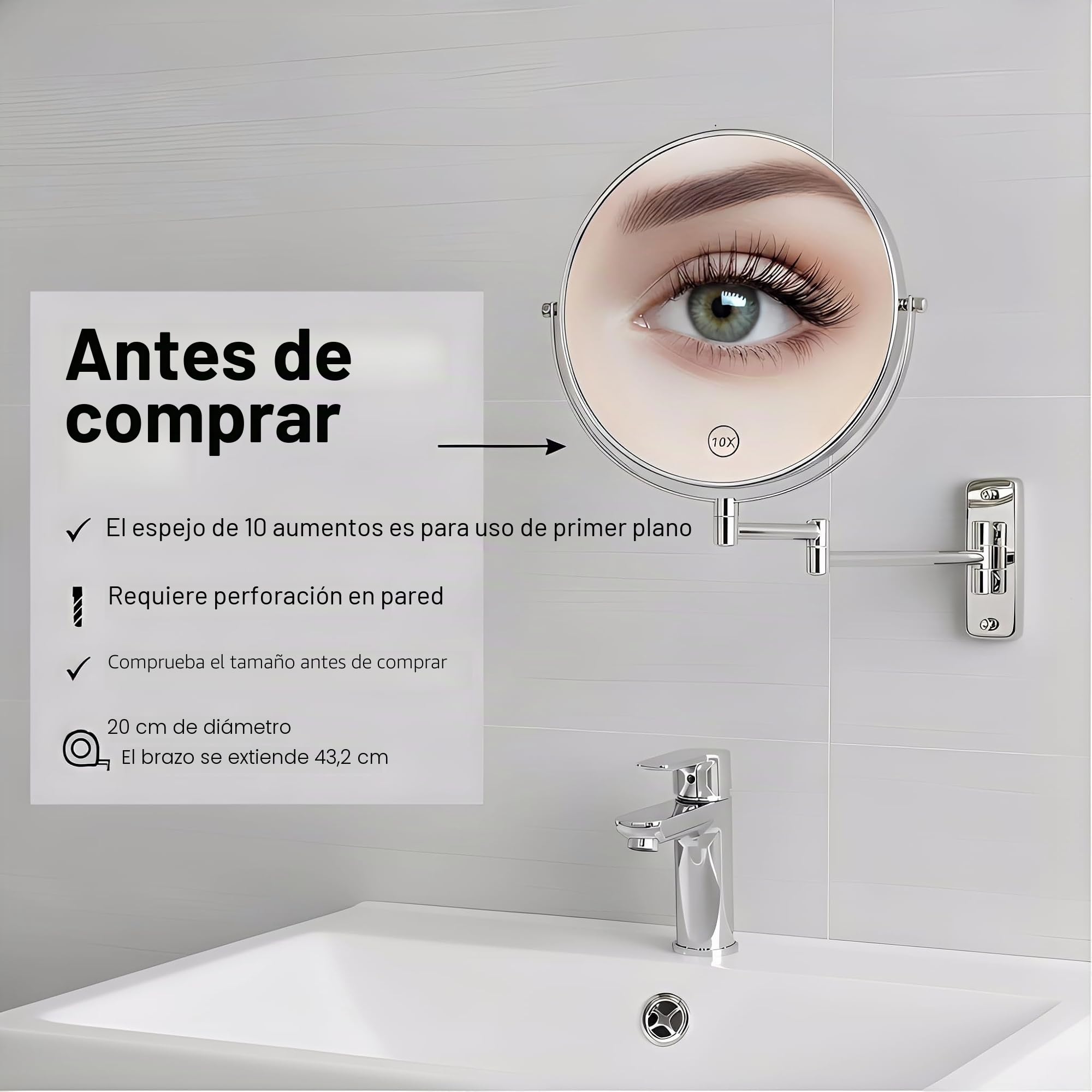Espejo de baño extensible de 8 pulgadas con aumento de 1X/10X, giratorio de 360° de doble cara y espejo de afeitado, acabado de níquel (sin luz)