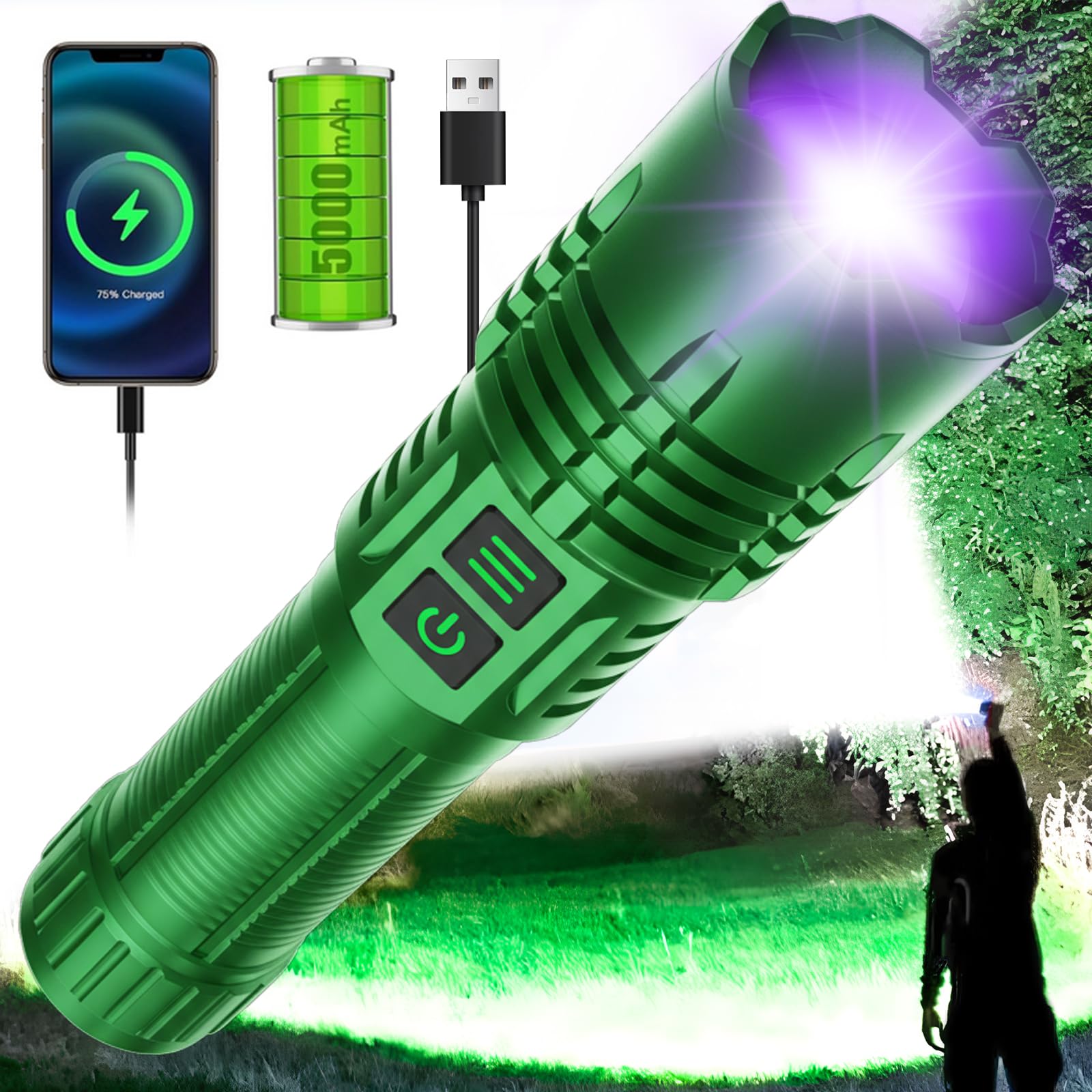 AdamStar Linterna recargable UV y de alta luminosidad, 2 en 1, potente linterna LED de luz negra, táctica, 6 modos, superbrillante, impermeable, con zoom, detector para curado de orina de mascotas