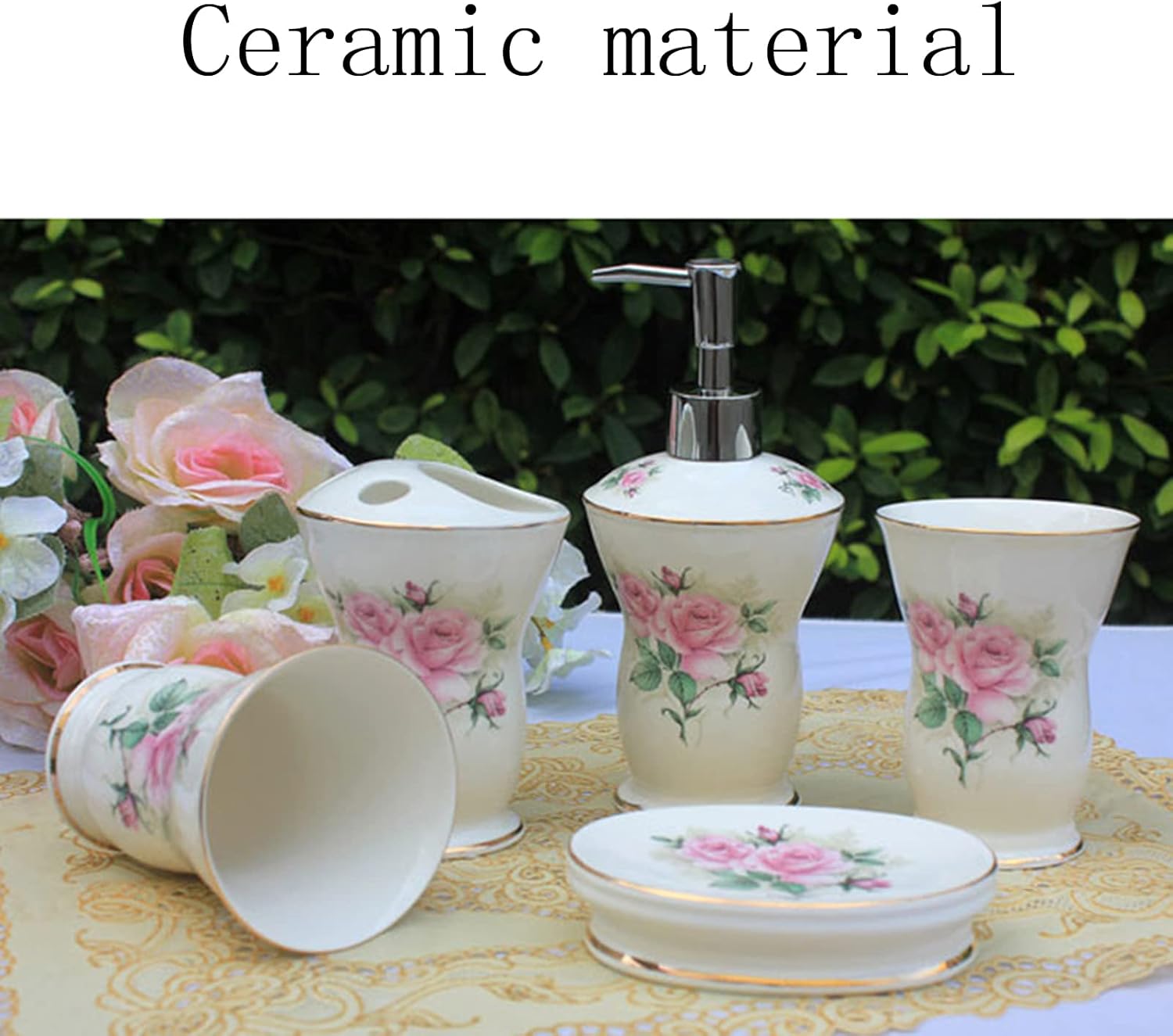 Bathroom Accessories Set 5 Pcs, Soap Dispenser, Toothbrush Holder, Bathroom Tumbler, Soap Dish Modern Bathroom Decor Housewarming Gift,Pink