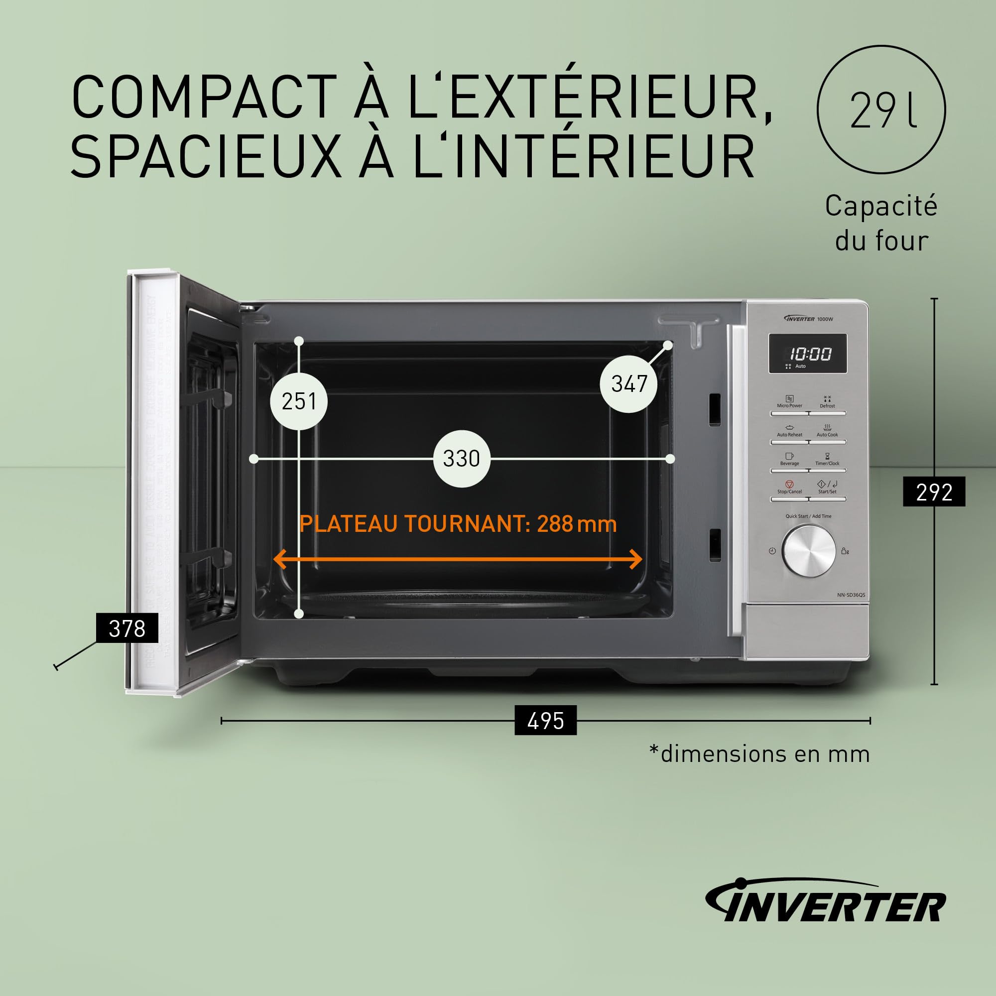 Panasonic NN-SD36QSEPG 29L Four à Micro-Ondes Solo en acier inoxydable, 1000W, Décongélation Automatique, 11 Programmes Automatiques, Molette