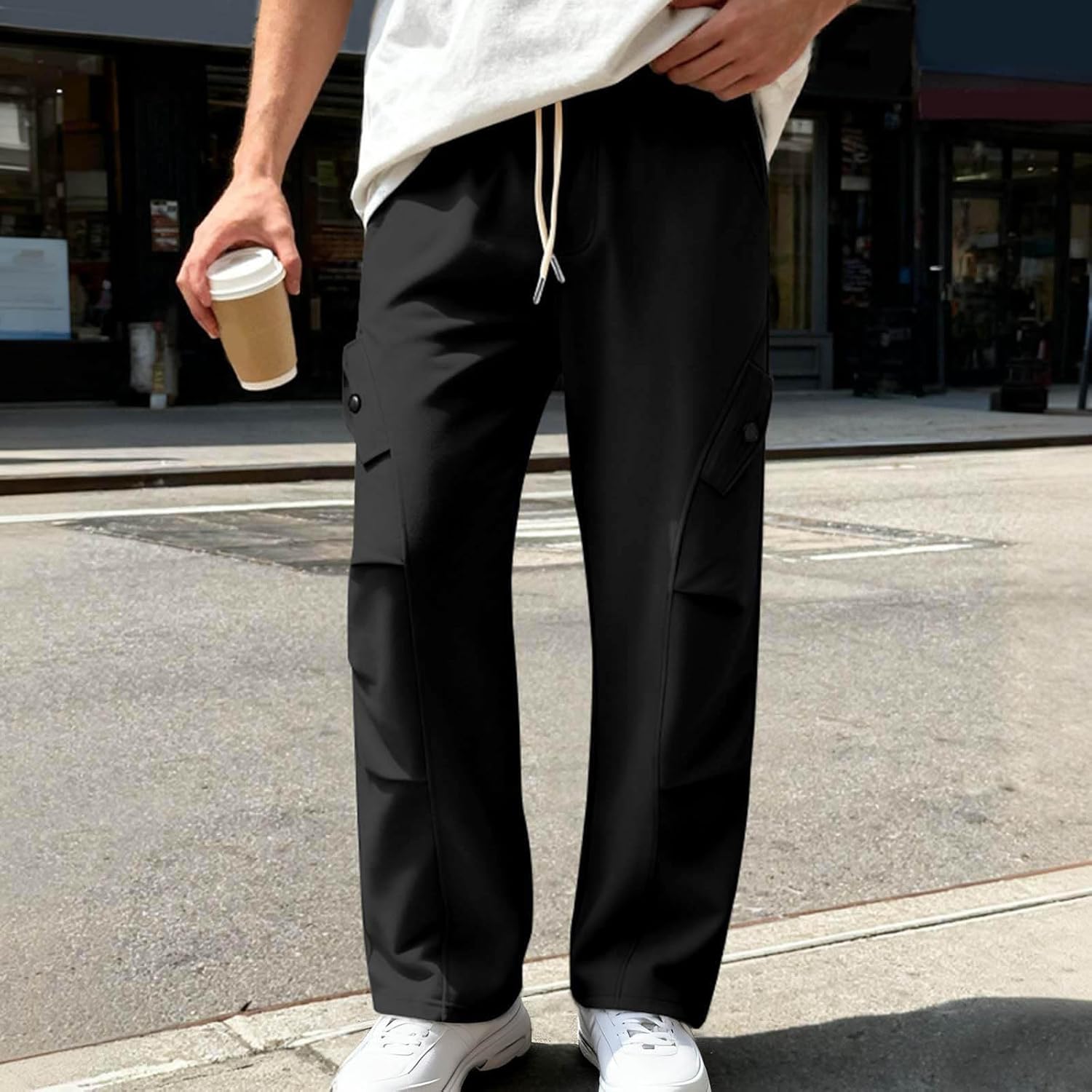 Cambkatl Stylish Pleated Sweatpants for Men Casual Elastic Waist Drawstring Wide Leg Athletic Lounge Pants with Pockets