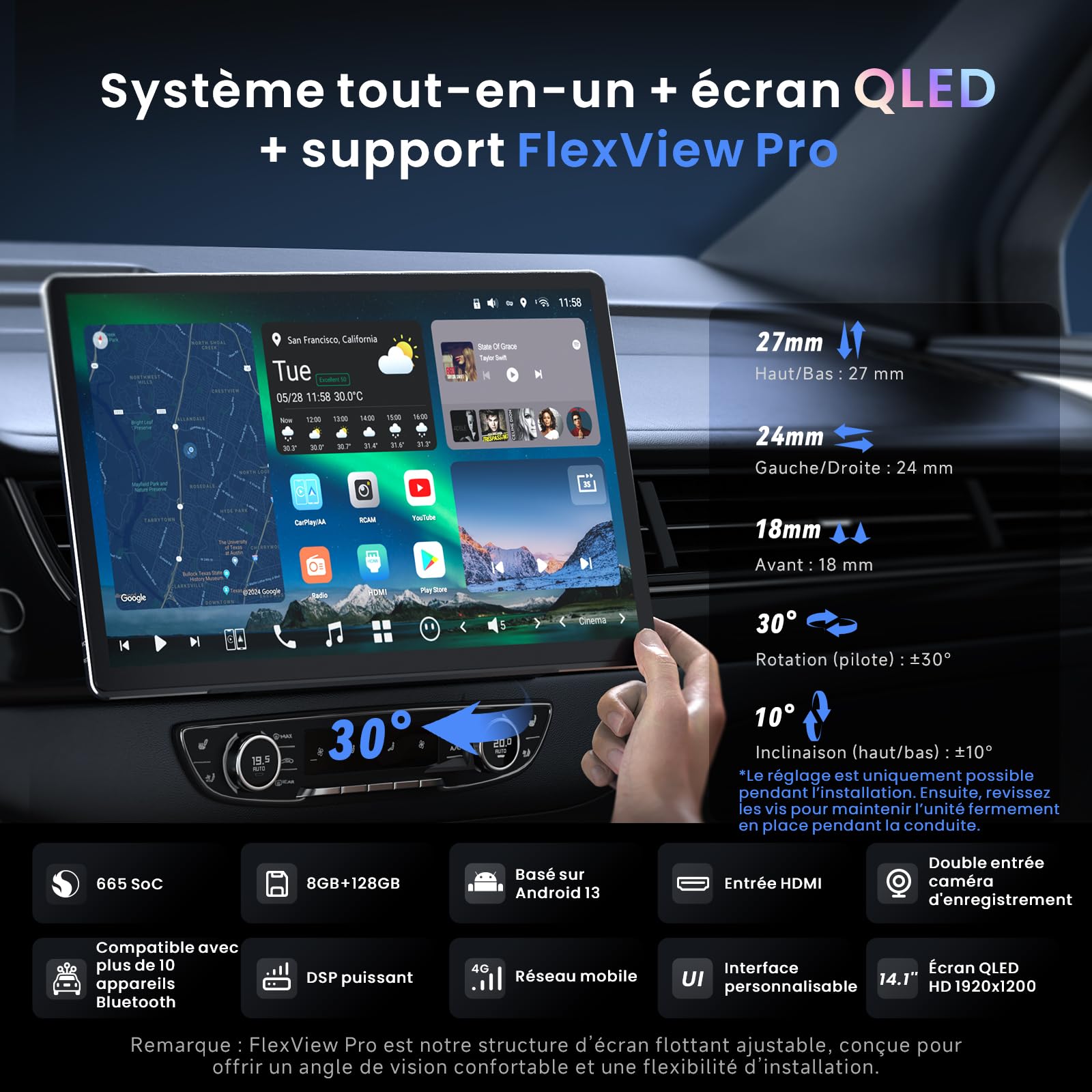 [14,1" QLED] ATOTOZONE Autoradio Android avec GPS intégré Tableau de Bord, 1DIN & 2 DIN Écran Flexview, Agent IA, LiveView à Distance, Alerte Golden Hour, 7.1.2 CH Audio, 4G LTE, 8G+128G, X10G141E