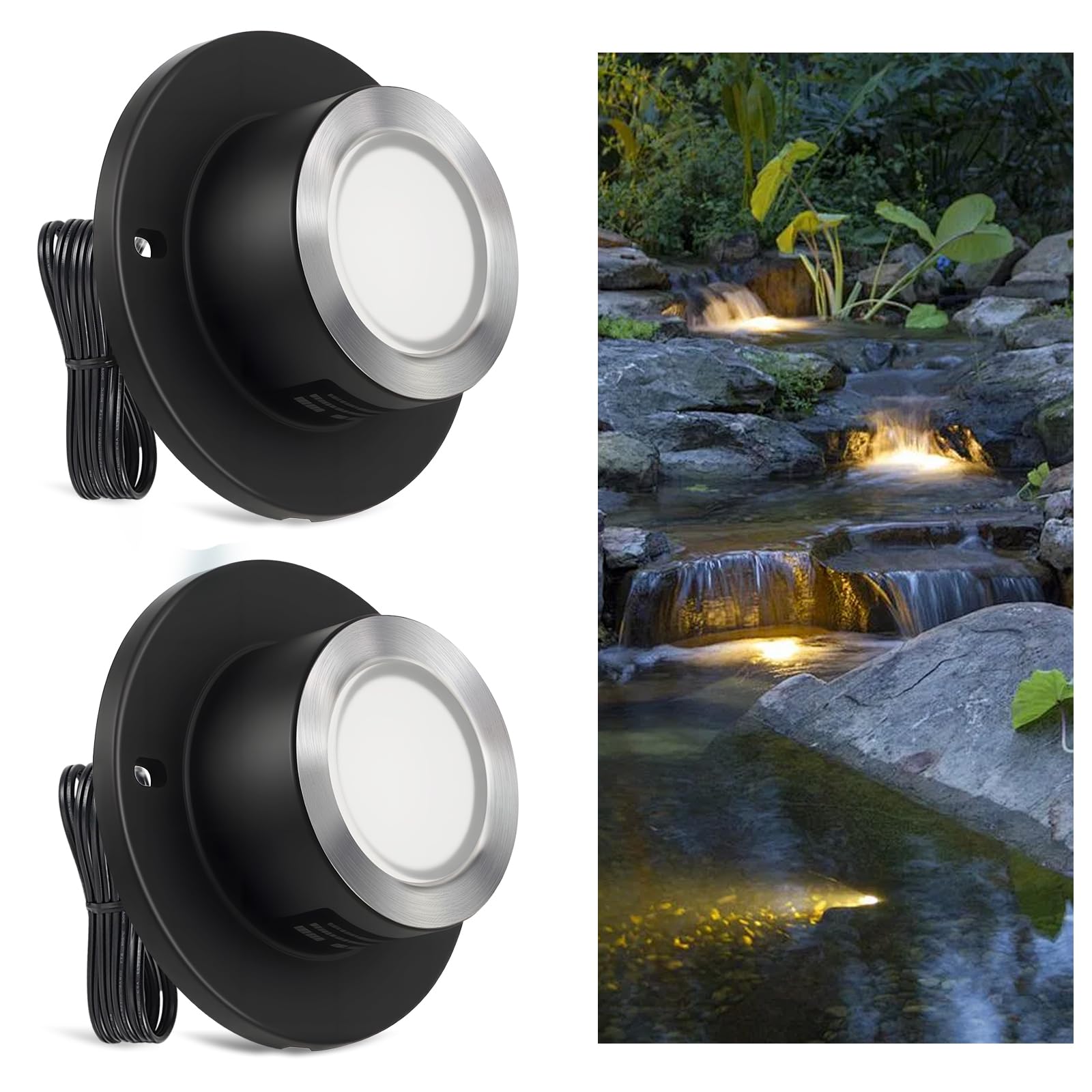 SMY Lighting 3W LED Pond Lights 12-24V AC/DC Low Voltage Underwater Fountain Lights 3000K Warm White IP68 Waterproof for Outdoor Ponds Fountains Waterfalls, 2 Pack
