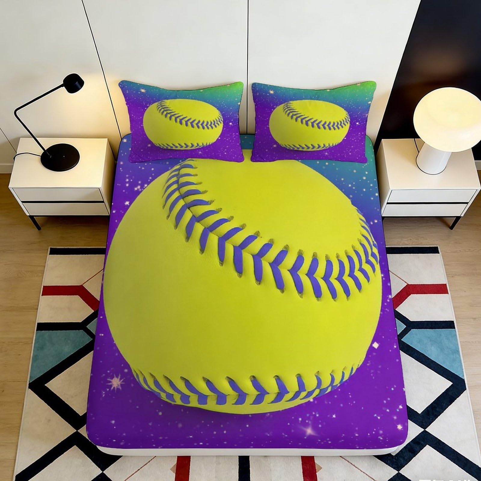 3D Printed Softball Fitted Sheet Microfiber Durable Vibrant Yellow 3D Printed Baseball Mattress Cover for Bedroom Dormitory Guest Room Decor Protection 180x200x25cm