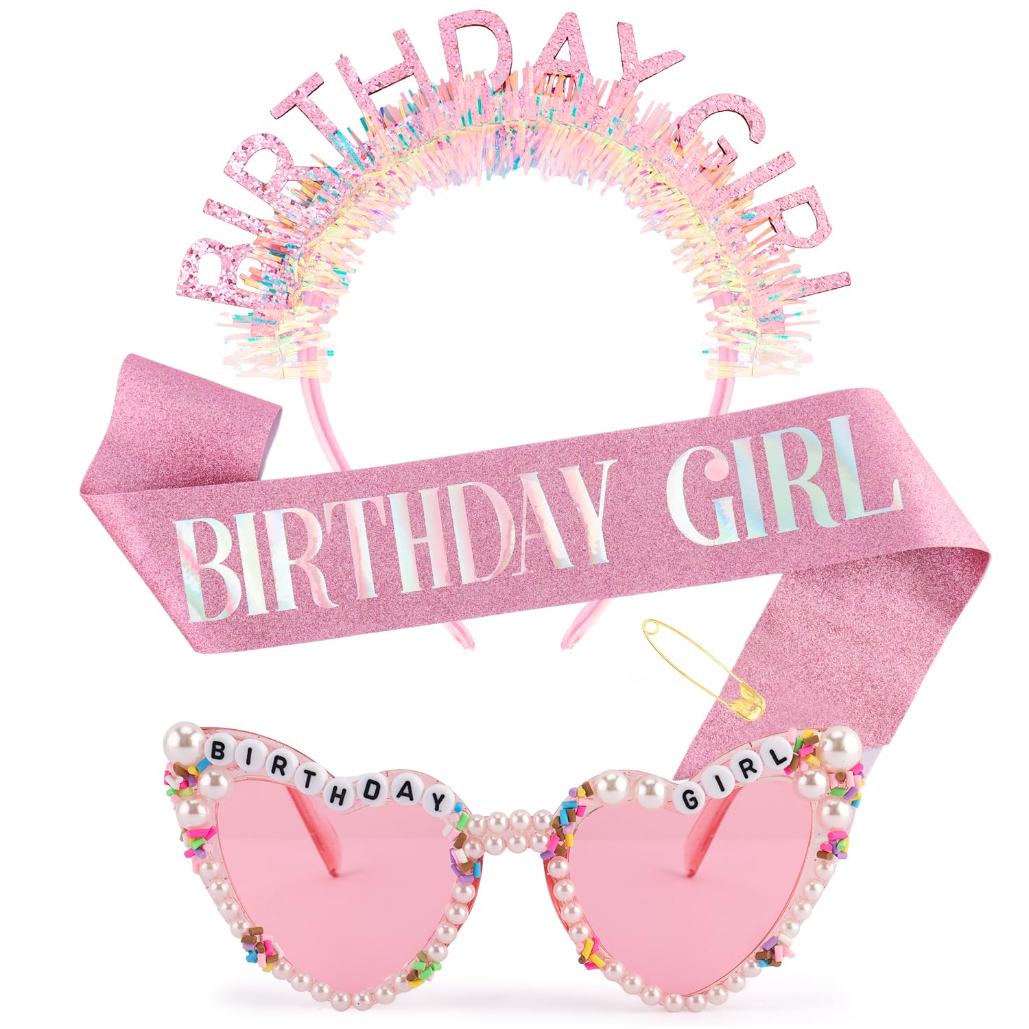 Atoden Birthday Girl Sash Glitter Headband Tiara Crown Sunglasses Pink Happy Birthday Decorations Party Favors Accessories for Adult Women Princess Outfits Gifts