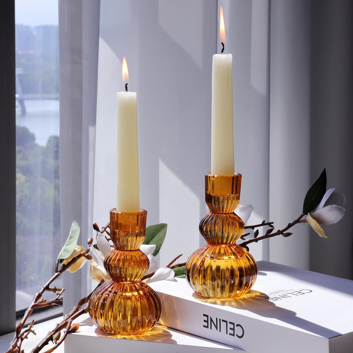 Woho Amber Candlestick Holders Set of 6 4.3" H for Thanksgiving/Fall Decorations, Ribbed Glass Taper Candle Holders Halloween Table Centerpiece, Vintage Candle Sticks Holder Decor for Boho Home Decor