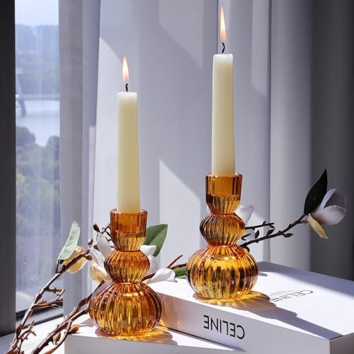 Miniatura 2 de Woho Portavelas cónicos ámbar de 4.3 pulgadas de alto para decoraciones de HalloweenAcción de Gracias, juego de 3 portavelas de vidrio acanalado