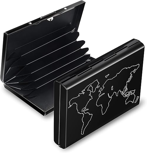 Storite 6 Slot RFID Metal Credit Debit ATM Card Holder Case Wallet for Men Women (Black Laser Print World Map, 9.5 x 6.5 x 1.3 cm)