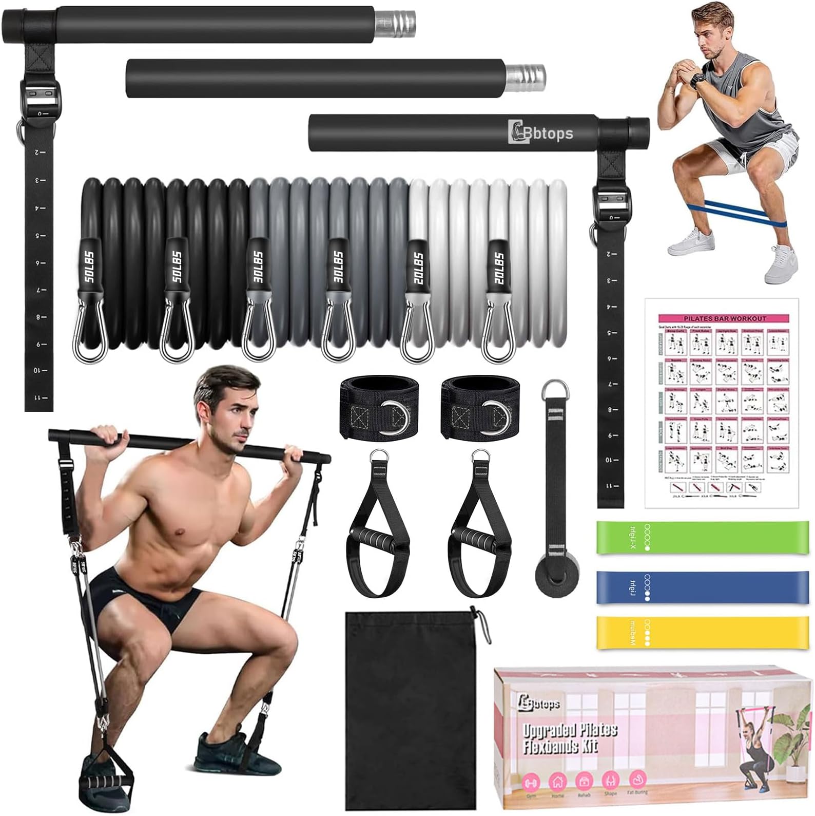 Pilates Bar Kit with Resistance Bands,Pilates Bar with Stackable Bands Workout Equipment for Legs,Hip,Waist and Arm,Exercise Fitness Equipment for Women & Men Home Gym Yoga Pilates