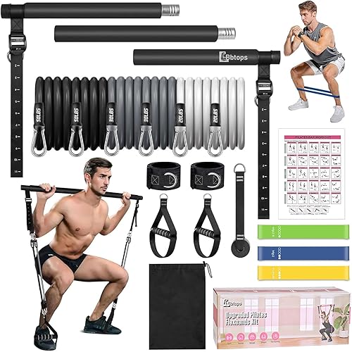 Miniatura 16 de Kit de barra de pilates Bbtops con bandas de resistencia, barra de pilates con bandas apilables, equipo de entrenamiento para piernas, cadera, Rosa