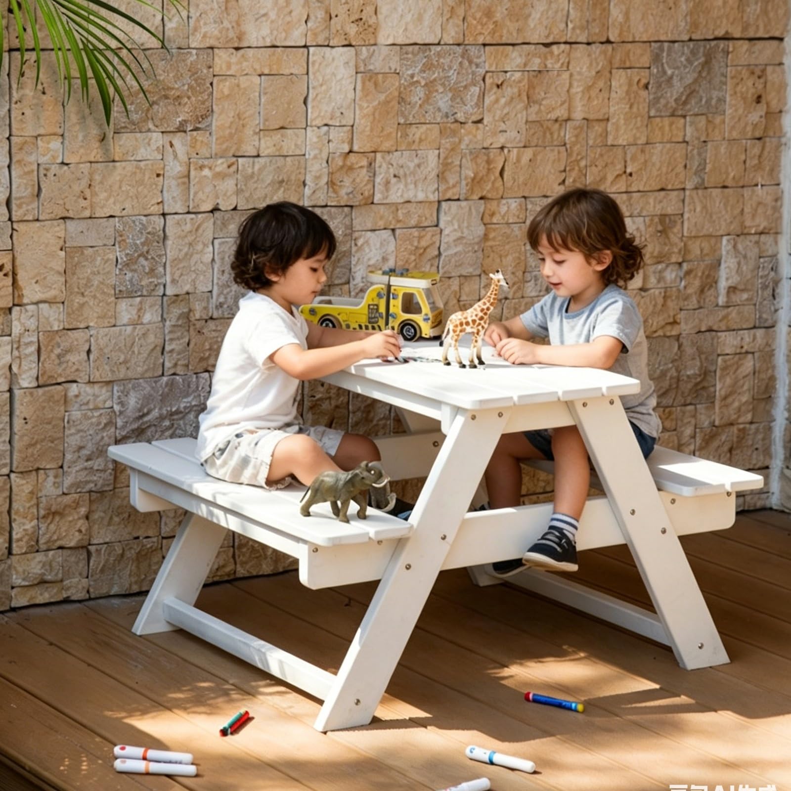 Tavolo da Picnic per Bambini in HDPE, tavolo da esterno con 2 Panchine, Resistente agli Agenti Atmosferici per Giardino, Terrazzo, Stanza dei Giochi, Facile da Montare(Black)