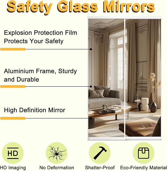 Mirrored Closet Door 60 x 80, One Side Mirror Sliding Doors for Bedroom with Hardware Kit Top & Bottom Track, Aluminium Frame Interior Door Easy to Install
