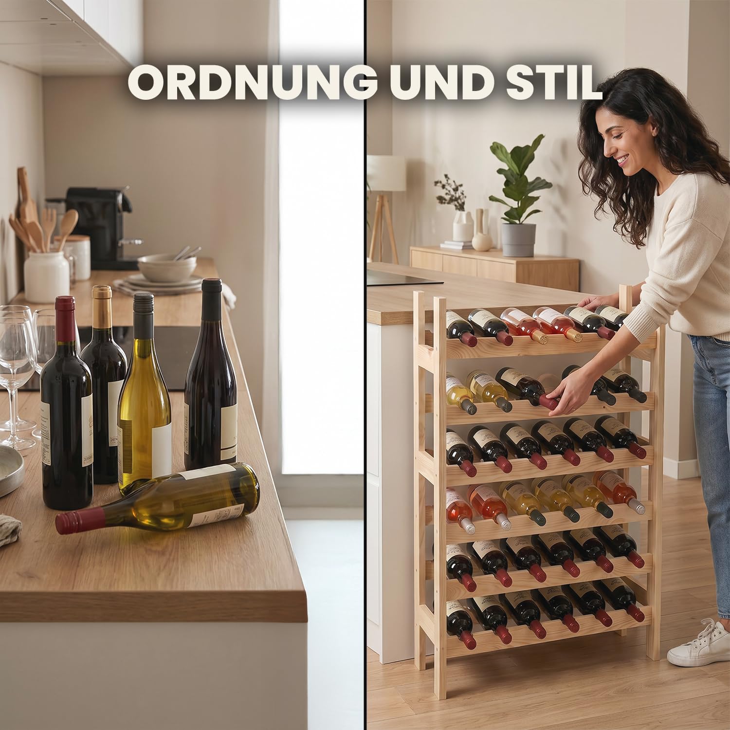 Weinregal Holz für 42 Flaschen mit 7 Regalböden 98 x 63 x 25 cm | 98 x 63 x 25 cm, Robustes Massivholz, Montageset inklusive, Sichere Lagerung, Freistehend, Für Keller und Hausbar