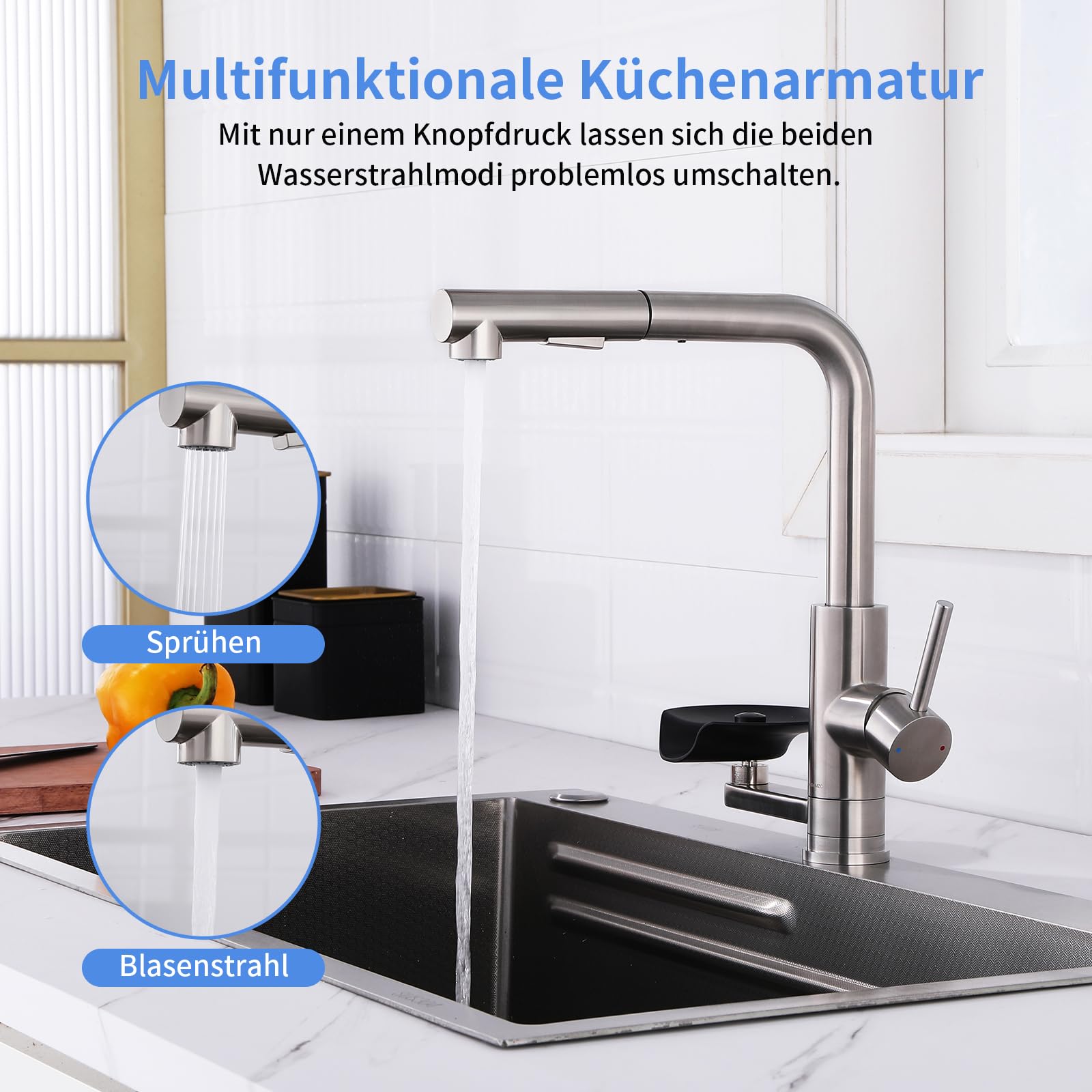 Wasserhahn Küche Ausziehbar Küchenarmatur mit Glasspüler, Dual-Auslauf | LakeBayMZC Küchenarmaturen Armatur Küche Mischbatterie Spültischarmatur, 360°-Drehung, 304 Edelstahl Gebürstet Silber