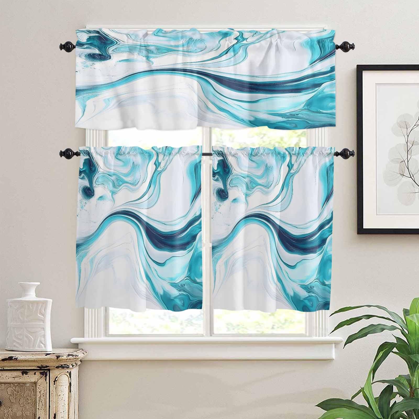 Marble Ripple Kitchen Curtains 24 Inch Length, 3 Piece Rod Pocket Small Half Tiers and Valance Set, Blue White Marble Lines Abstract Art Small Large Window Treatment Decor for Bedroom/Bathroom Sink