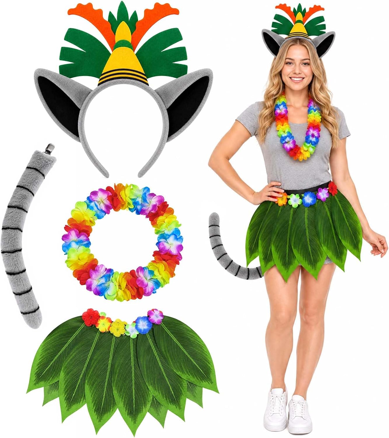 Kavoc 4 Pcs Tropical Animal Costume Accessories Set Gray Ear Headband Striped Tail Leaf Skirt and Colorful Flower Lei Jungle Party Halloween Dress Up for Adults