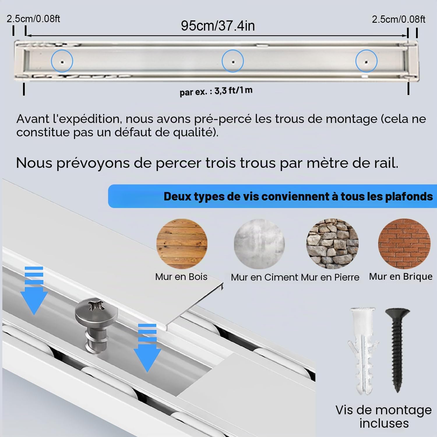 Rail de rideau à 2 voies - Silencieux - Double rangée - En aluminium - Pour salon, chambre à coucher - Tringle de plafond - Séparateur de pièce - Installation facile (blanc, 1,3 m)