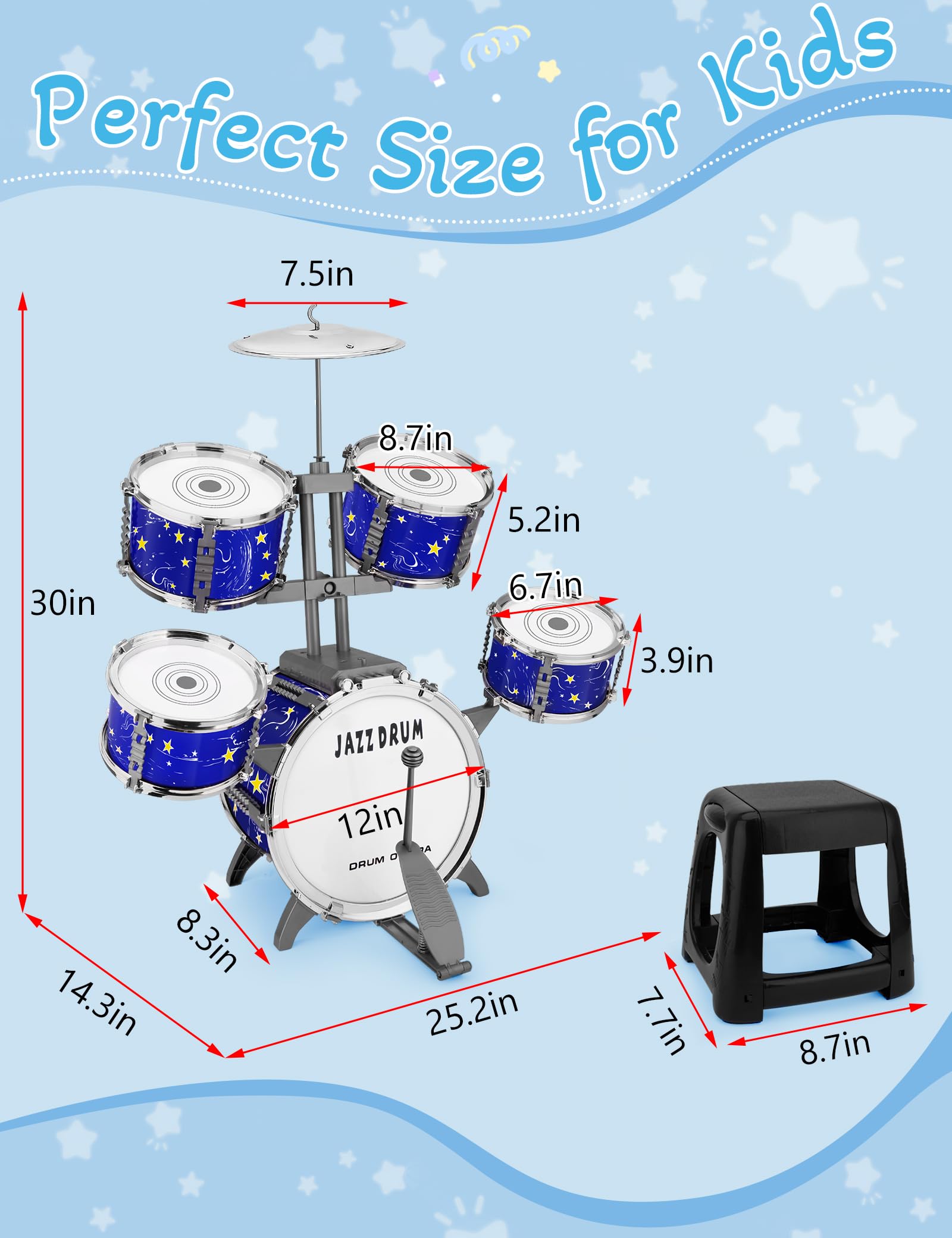 VANZACK Batterie Jouet éducatif – Kit De Percussion Bleu Pour Enfants 3-6 Ans, Développement Musical Et Moteur