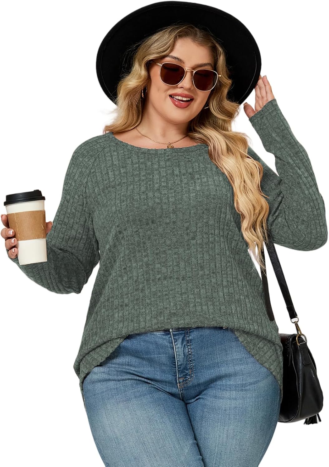 ROSRISS Plus-Size Sweaters for Women Casual Oversized Long Sleeve Crewneck Tops Trendy Dressy Basic Ribbed Knit Shirts XL-5XL - Image 2
