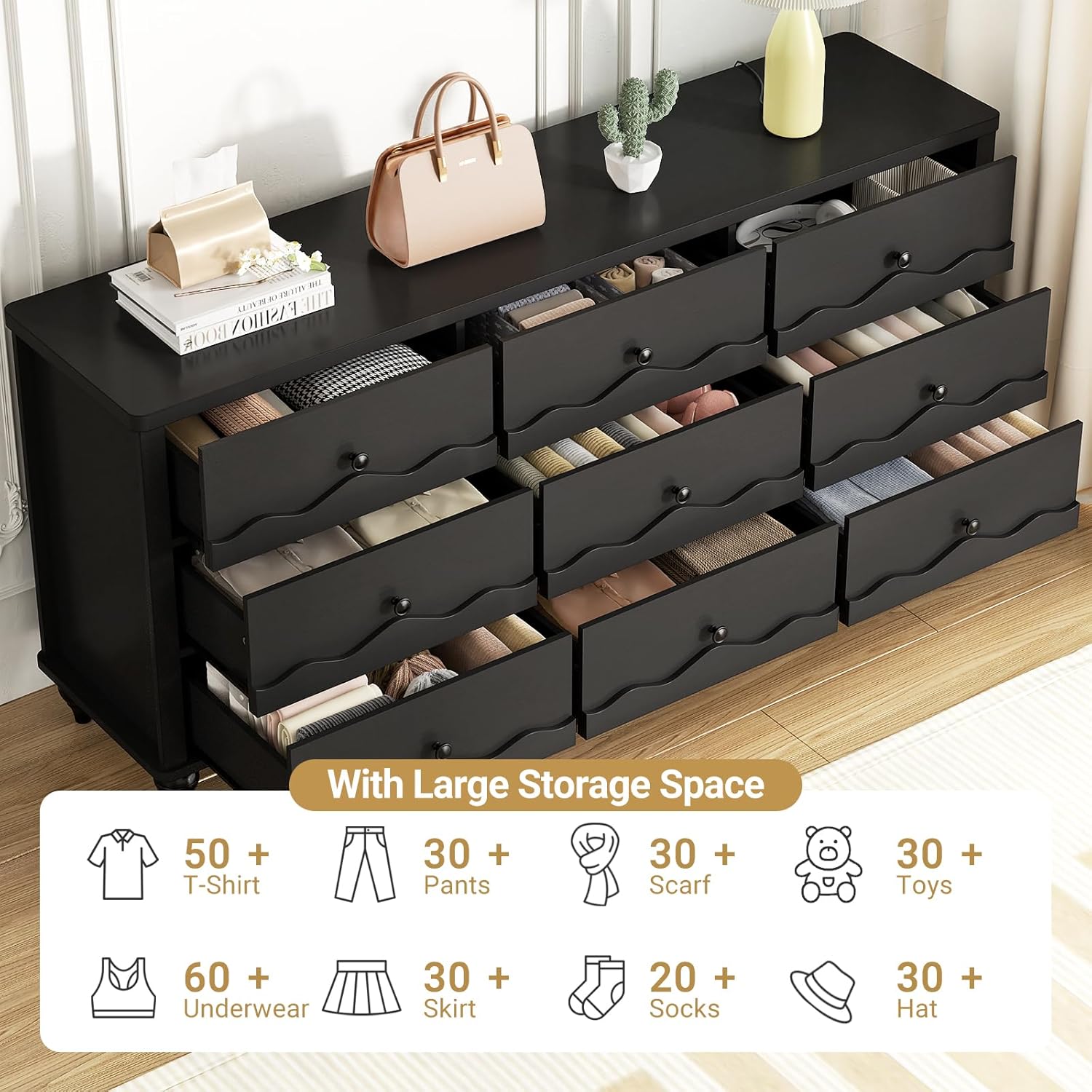 Cyclysio 9 Drawer Dresser for Bedroom, Modern Wood Chest of Drawers with Scalloped Design and Gourd Feet, 63" Wide Dresser TV Stand for Living Room, Hallway, Bedroom (Black)