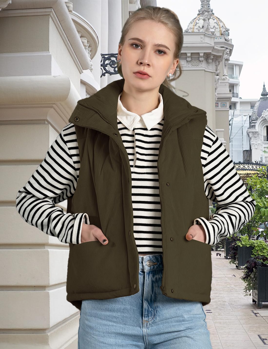 Womens Corduroy Puffer Vest Stand Collar Zip Snap Button Sleeveless Warm Waistcoat Padded Gilet - Image 2