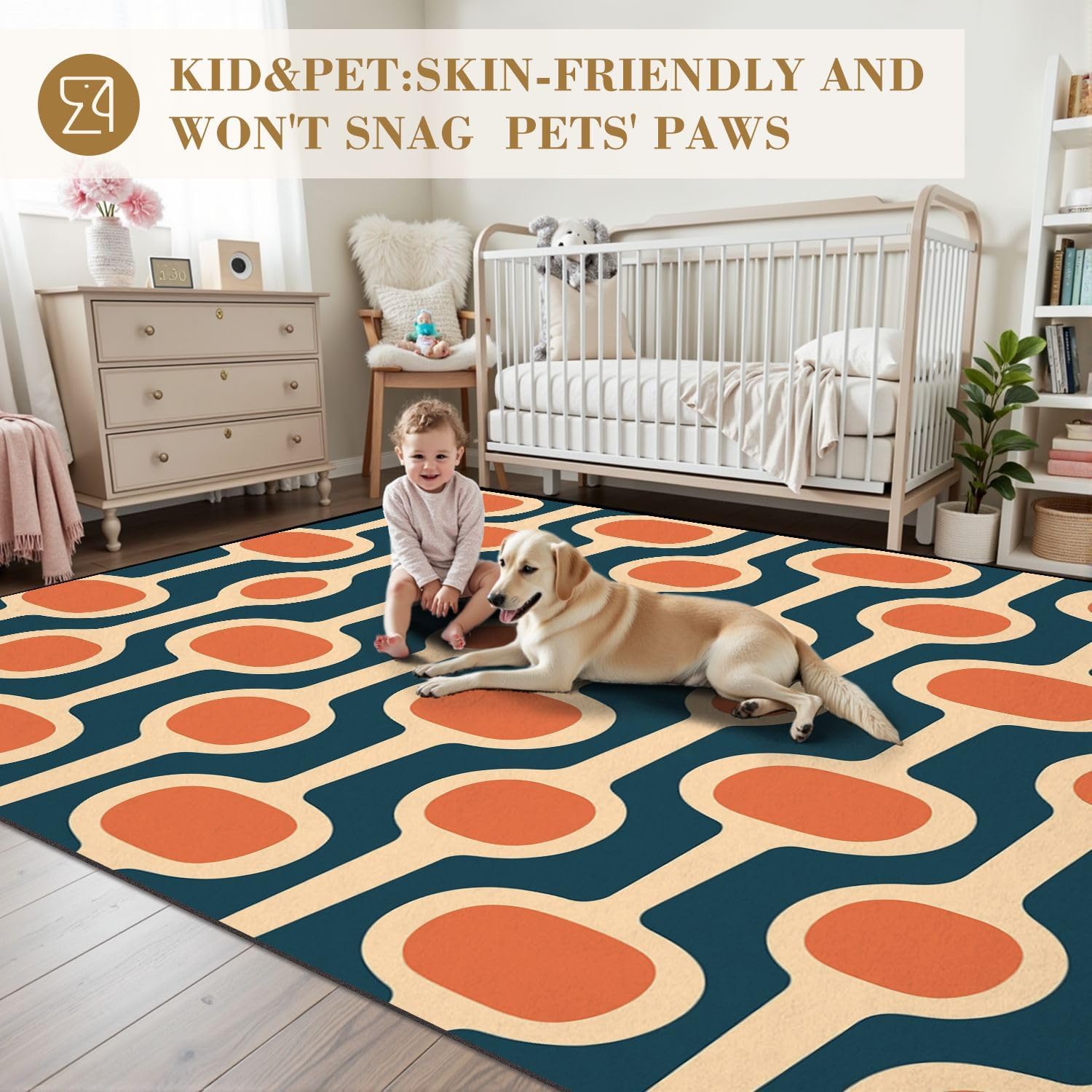 6x9 Orange Area Rugs Rugs for Bedroom Washable Rug Mid Century Modern Atomic Age Blue Orange Cream Ideal for Carpet Carpet for Bedroom Living Room Nursery Rug Aesthetic Room Decor