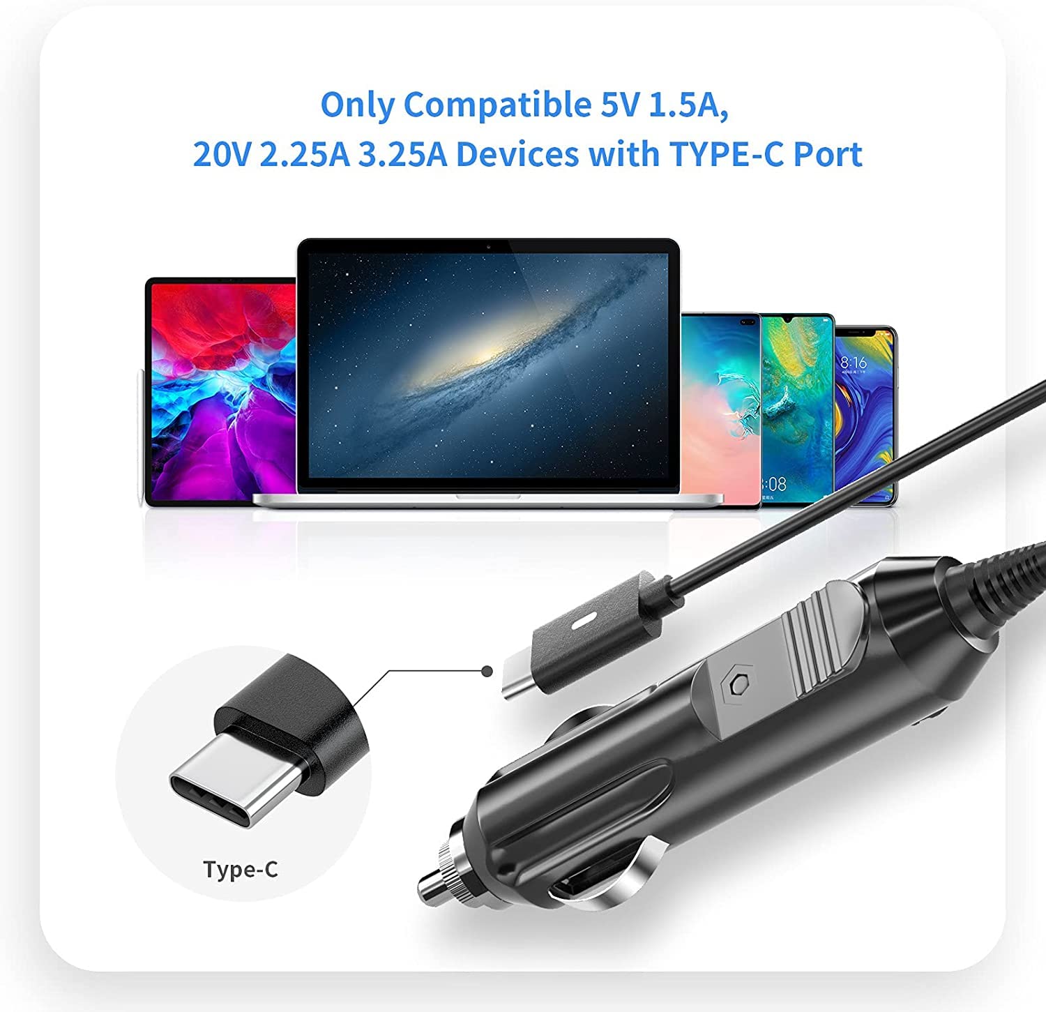 Alimentatore da auto da 12 V/24 V, 65 W, CYD 90 W, PowerFast, alimentatore di rete (100 W, USB C), compatibile con Lenovo Chromebook Yoga Flex 11 11e Thinkpad X395 X390 X380 Dell Latitude E7480 E7370